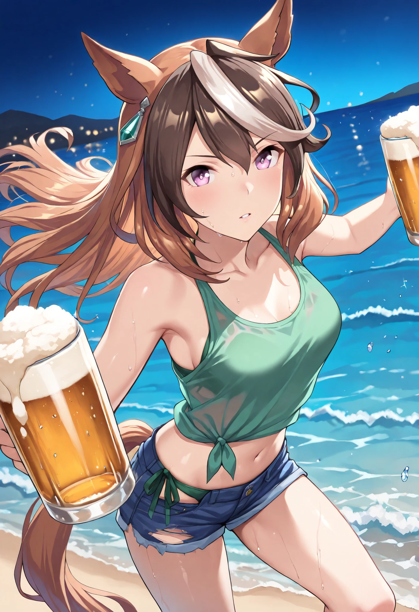 high quality,High resolution,16K,Sharp lines,1 girl,Female gymnast ,Cute Face, Large Breasts, Beautiful legs,At the gymnastics venue,Focus Girl,Beautiful face in every detail,Detailed clothing,Beautiful Eyes,nice,Dynamic Angle、Drinking beer
