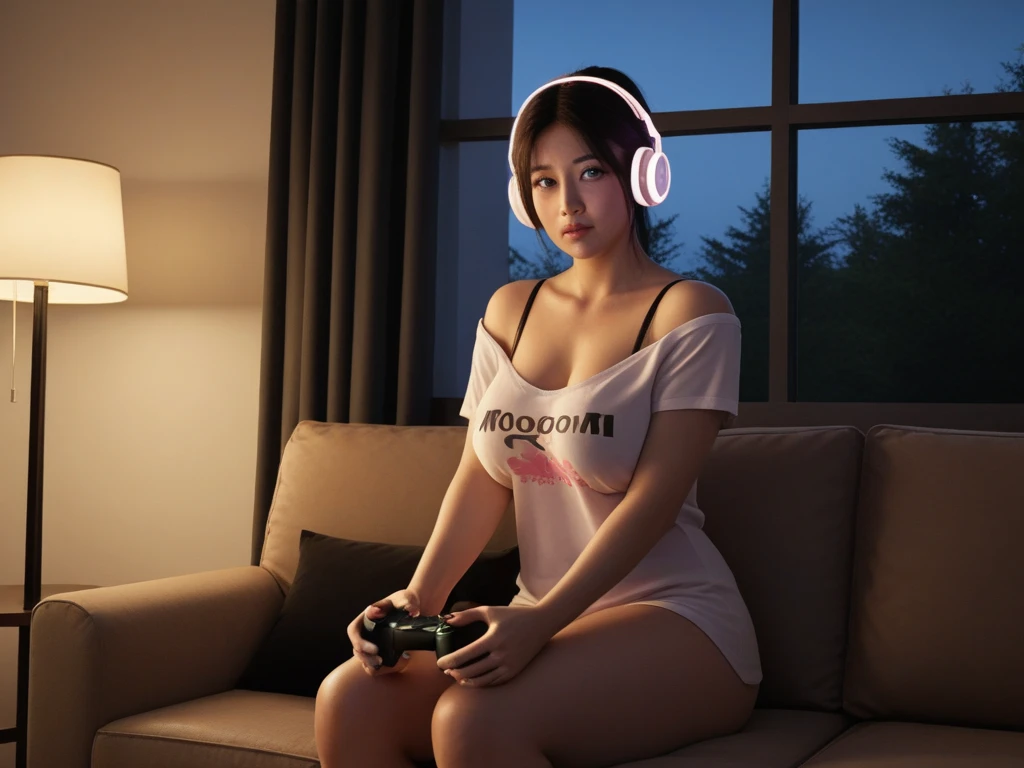 a girl in panties and a t-shirt sitting on a chair in front of a TV and playing PlayStation holding a controller and wearing a gaming headset on her head, wide hips, big chest, transparent, wet chest. side view.  