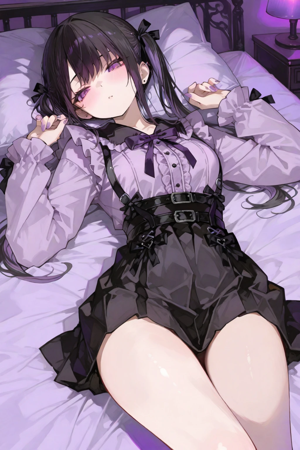 (best aesthetic,best quality,ultra high res,insanely detailed,exquisite,absolutely resolution,explicit),BREAK,(((perfect anatomy,perfect proportion,artstation female body))),BREAK,(detailed beautiful jewely catchlight gradient slant eyes),ligne claire,gleaming skin,BREAK,nsfw,horny presenting,fall into pleasure,orgasm,looking at viewer,BREAK,(beautiful toddler gal,loli),prostitute,BREAK,small baby face,childish and super cute,((((blush)))),BREAK,Bishojo,ultra cute,Kawaii,BREAK,low body size,short stature,slender,BREAK,(((((jirai kei))))),BREAK,(black and purple ((streaked hair))),(((((double bun long twintails hair))))),BREAK,((shiny glossy metaric beautiful hair,gradient hair)),BREAK,((medium breasts)),((puffy nipples,erectile nipples,long nipples,huge areolas,bare breasts)),BREAK,(negligee,gothiclolita),BREAK,(frilled polka dot thigh high knee socks:1.4),zettai ryouiki,high heels,No panties,BREAK,love hotel,(on the bed),evening,(sweet pussy,show off pussy:1.3),(dripping love juice:1.3)