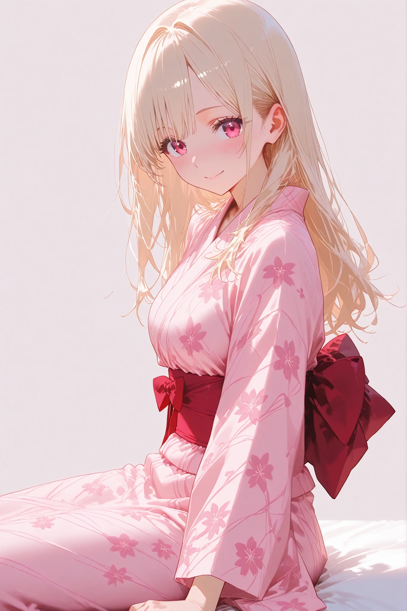Masterpiece, super high resolution,1 girl、pink yukata,sitting、staring at the viewer、 kind smile、Blush、Light Beige Hair、no hair ornament、white background、no background