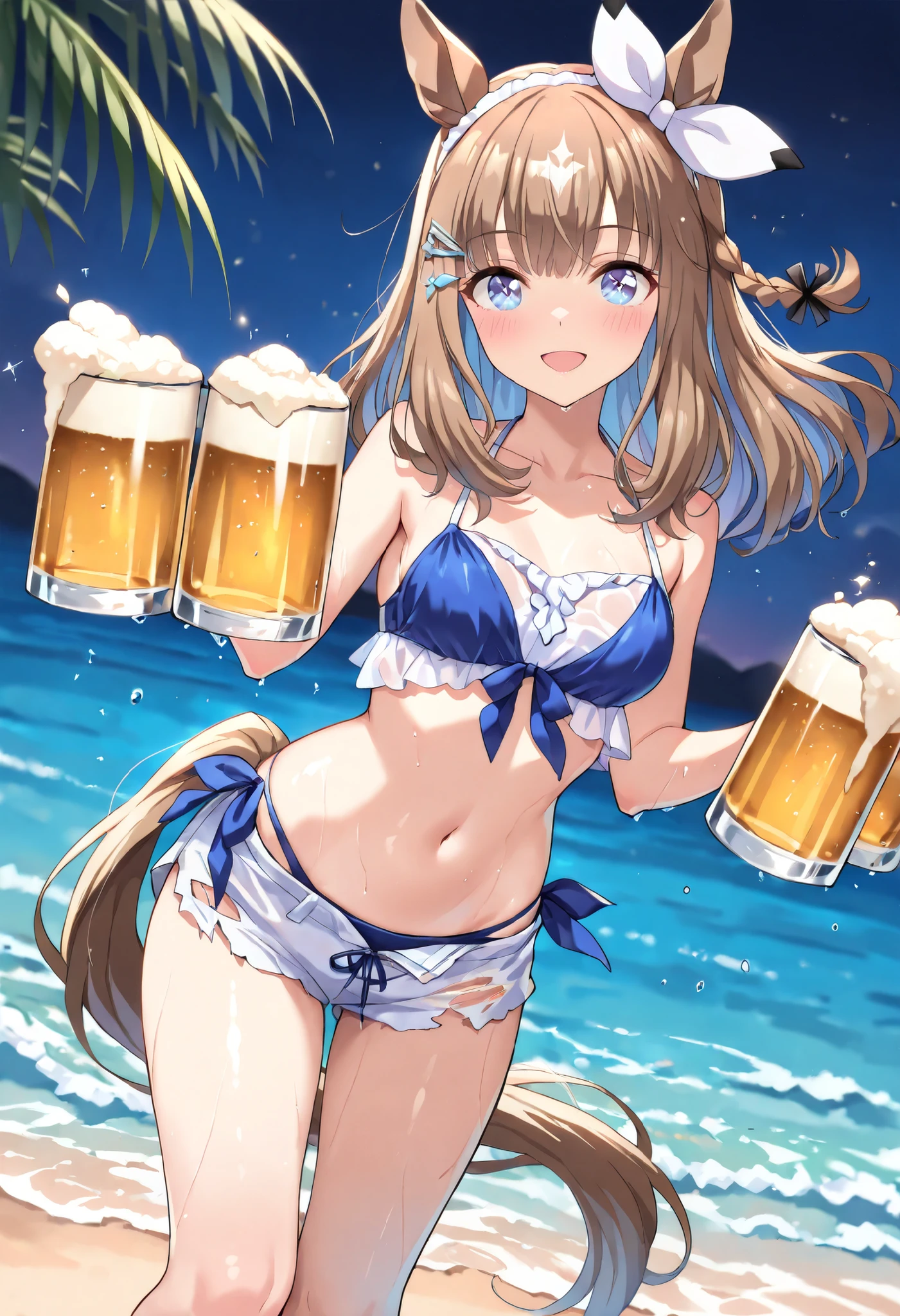 (masterpiece, best quality), lum,1 elven girl, ( bare breasts, thigh), (light blue hair, twin tails ,very long hair is fluttering in the wind), full body, hand on hip , hair between eyes, multi colored hair,hair flower ornament ,(blush, smile, aqua eyes), open mouth, holding, cleavage, swimsuit, cup, beach, holding cup, alcohol, mug, beer, gold beer, beer mug,
very long hair, twin tails ,aqua hair, multi colored hair, flower hair ornament, breasts, looking at viewer, blush, jumping , smile, aqua eyes, close mouth, bangs, beach ,seashore, palm tree, navel, cleavage, bare shoulders, large breasts , strapless swimsuit, tiger print strapless swimsuit ,full body, strapless bikini, tiger print strapless bikini , pointy ears, electricity, tiger print, strapless bikini, electrokinesis