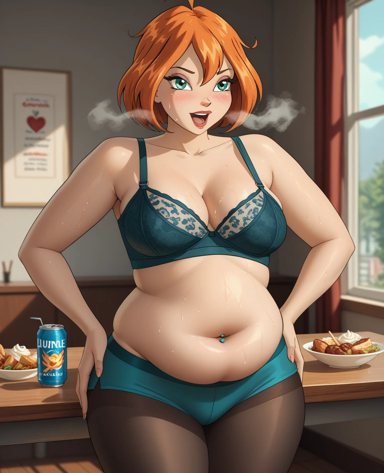 ((High Quality Image 10k)) (( perfect autonomy 10k)) Masterpiece, Elizabeth Afton, solo girl, white girl, human girl, cute face, orange long length hair, green eyes, wearing pink bow on top of her head, naked, medium sized breasts, massive fat belly, pubic hair, Elizabeth Afton Five Nights At Freddy's, Full body, Standing, in a restaurant, Elizabeth 
Afton, cuerpo completo, high resolusion