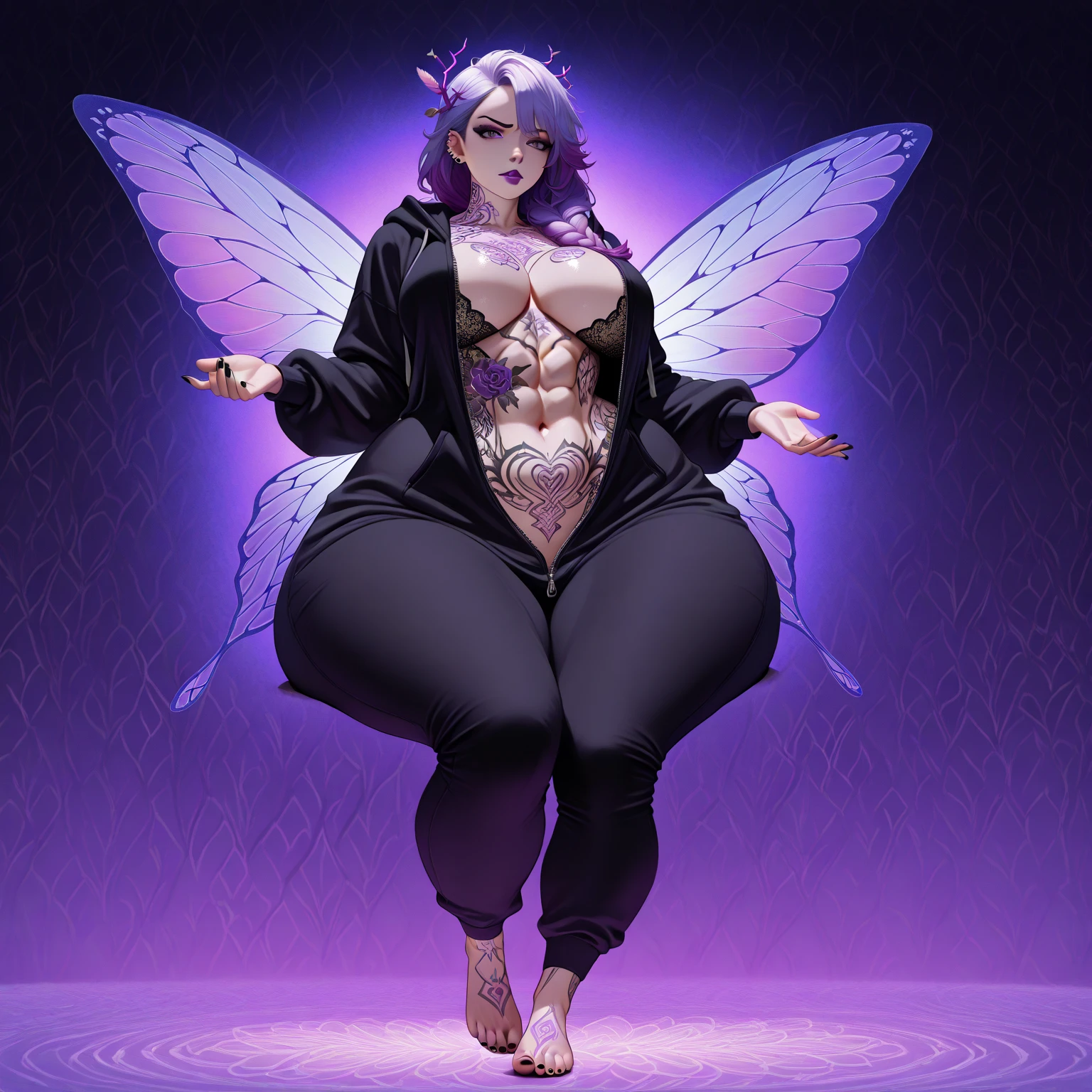 1sologirl (((oni very blue skin, 2sheep short curled horns, 2legs, 2arms, toned body, white bob hair, happy, full body portrait, butterfly wings winged))) (masterpiece, ultra detailed high quality, high resolution, best quality) barefoot bare arms, purple pinched eyes, yellow BIKINI stockings sleeves