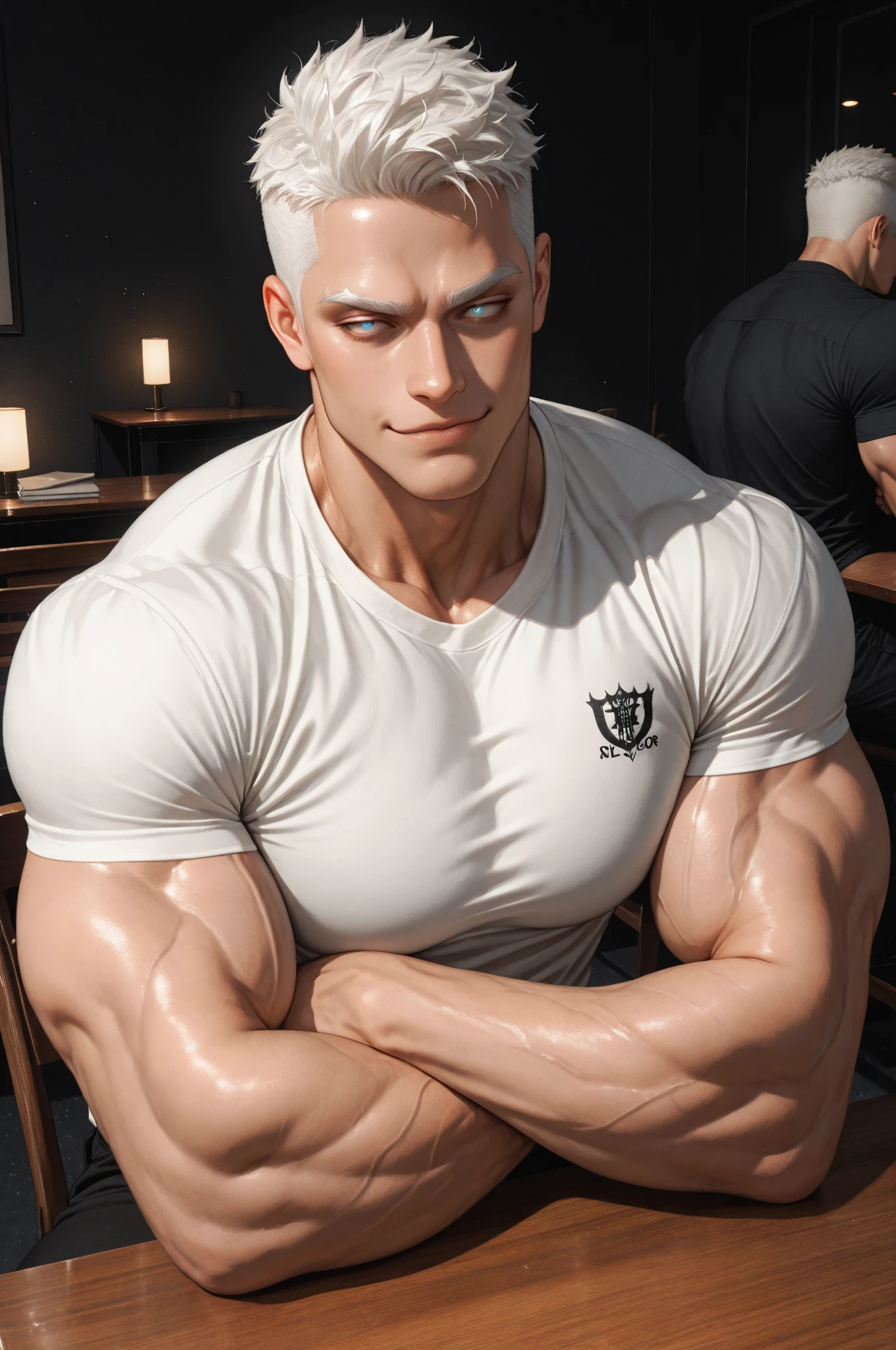 White-skinned boy, front, muscular, bald, wearing a black tank top --auto --s2