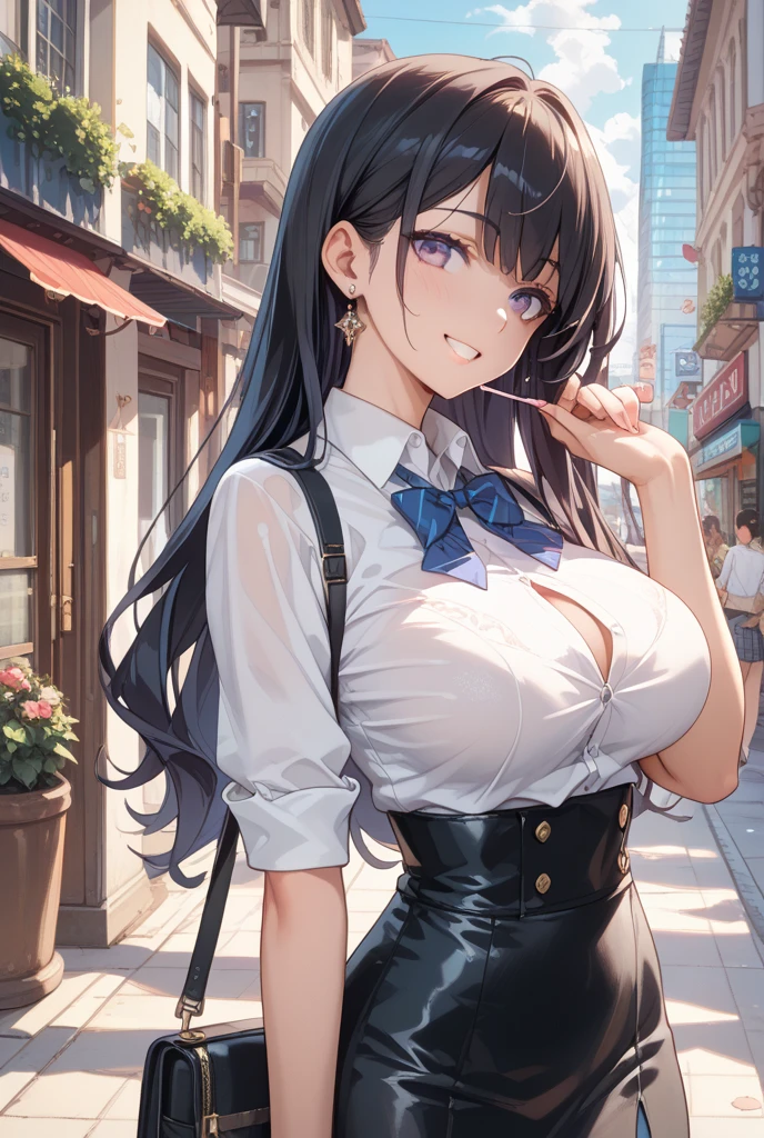 masterpiece, best quality, 1girl, solo, breasts, cleavage, long hair, black hair, (hair over eye), blue eyes, looking at viewer, sweat, large breasts, business suit, collared shirt, pleated skirt, flashy gyaru, happy, showy,too many accessories, colorful , kogal, kogal gyaru, necklace, earrings, bra peek, dark skin, tanned,