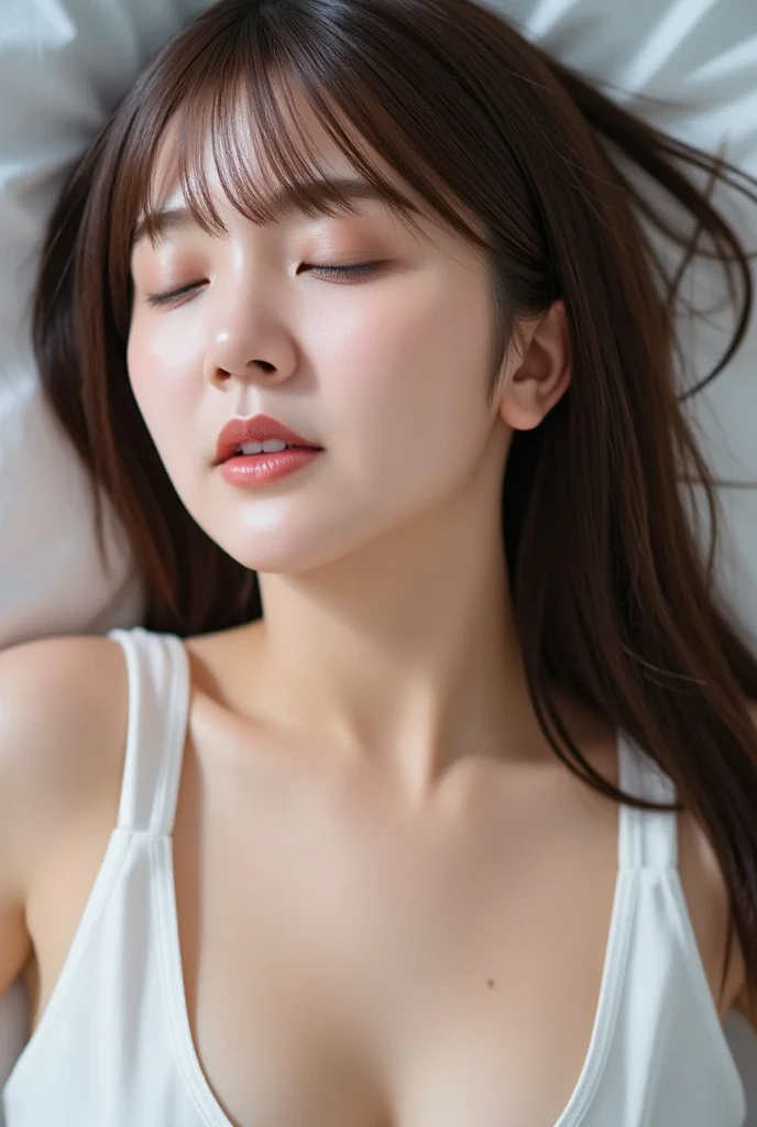 ((Highest quality, 8k, masterpiece :1.3)), Sharp focus：1.2, Bright colors, Professional level, ((Bokeh effect)), Shallow depth of field, 
20-year-old woman, (A half Japanese, half German woman), 1 person, A beautiful face with intelligence, 
Flexible body :1.3, Model body type:1.5, 頭w:1.4, Perfect Style：1.4, 
Narrow shoulders, Beautiful clavicle, Long, slender legs, The beauty of slim abs :1.2, Narrow waist :1.2, 
Highly detailed skin, Fair skin, Glowing Skin, 
Highly detailed face, Slim face contour, Beautiful small face, Beautiful nose, 
Very fine eye, Long, narrow eyes, Brown eyes, double eyelid, Beautiful thin eyebrows, fine long eyelashes, 
Highly detailed lips, Fuller lips, Glossy pink lips, Blushing, Beautiful Teeth, 
Beautiful actress&#39; Perfect Makeup, Silver Necklace, Earrings, 
Light brown hair, Delicate and soft hair, 
(Short Bob, ponytail :1.2), Layered Cut, (Blunt bangs:1.2), 
Mouth half open, A dreamy look, Looking into the camera, 
((Sleeping on your stomach:1.3)), (Full body image from thigh:1.3), Dynamic Lighting, 
