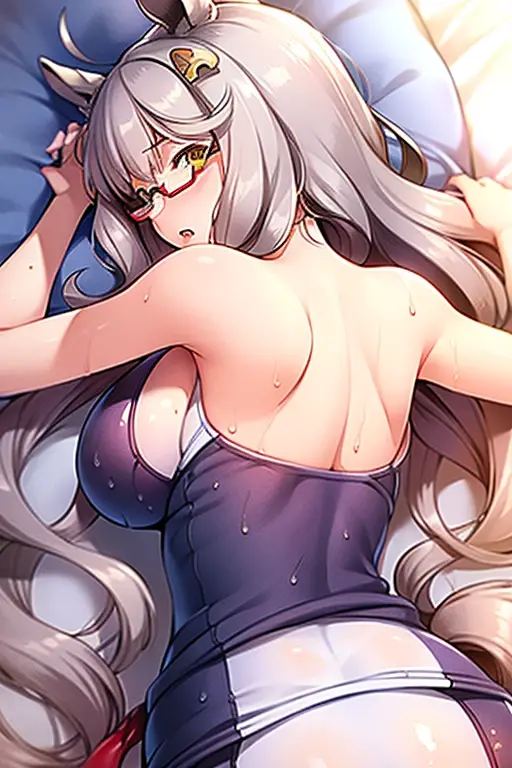 biwa hayahide \(umamusume\), under rim glasses, from behind,lying on stomach,('masterpiece,Best quality,1girl,Mature and intellectual lady,beautiful',),school swimsuit,wet_swimsuit,banquet,at noon
