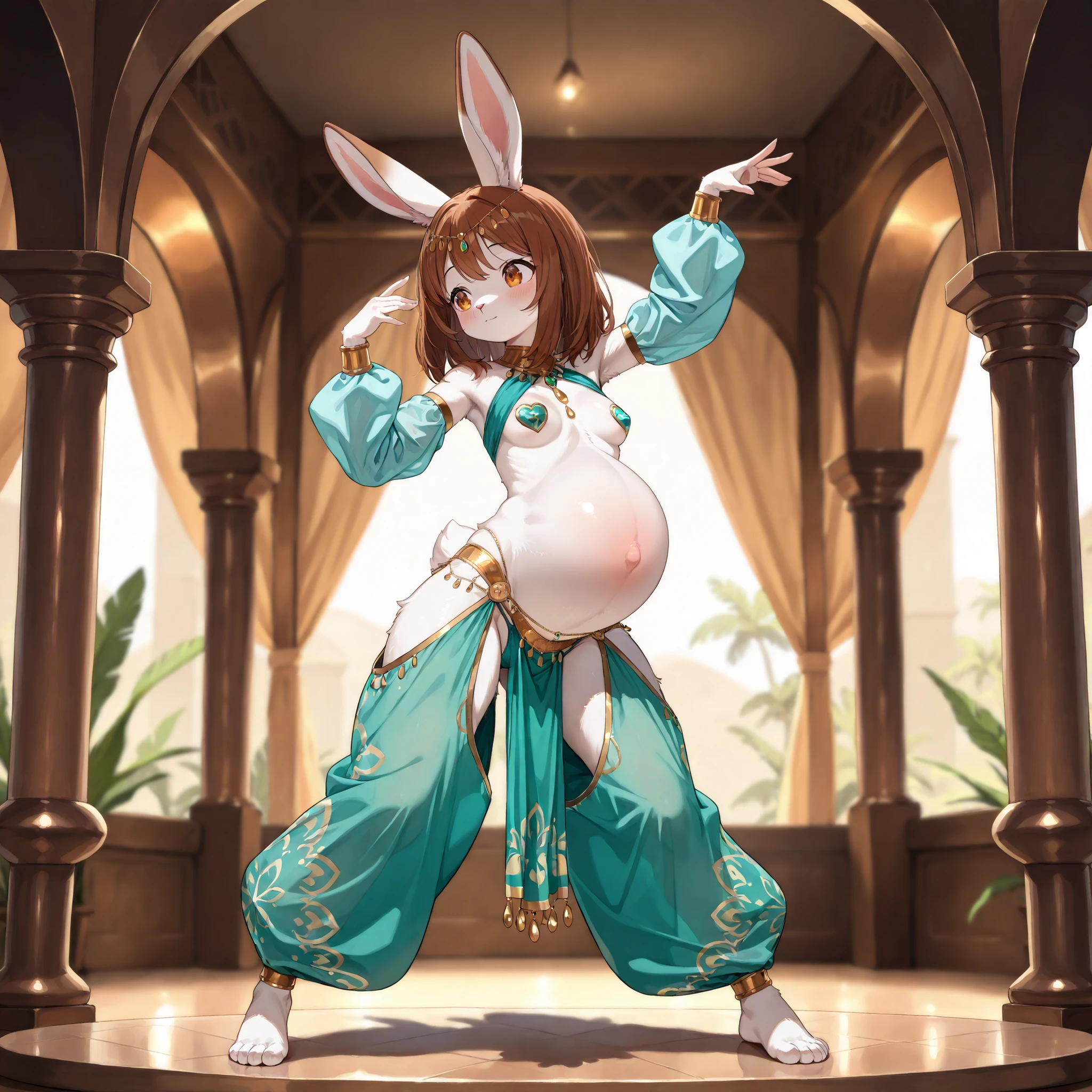(masterpiece, best quality, amazing quality, very aesthetic, high resolution, ultra-detailed, absurdres, newest, scenery, 1girl, solo, rabbit girl, furry, kemono, Fluffy fur, coloured fur, two tone fur, brown hair, medium hair, amber eyes, small breasts, pregnant, navel, slim waist, wide hips, Belly Dance Costumes, jewelry pasties, sleeves, sport panties, pelvic curtain, very baggy oversized open chaps pants, harem pants, barefoot, body jewelry, hip jewelry, prints, harem outfit, green outfit, standing, dancing, legs apart, graceful, sexy, cute, full body, depth of field, volumetric lighting)