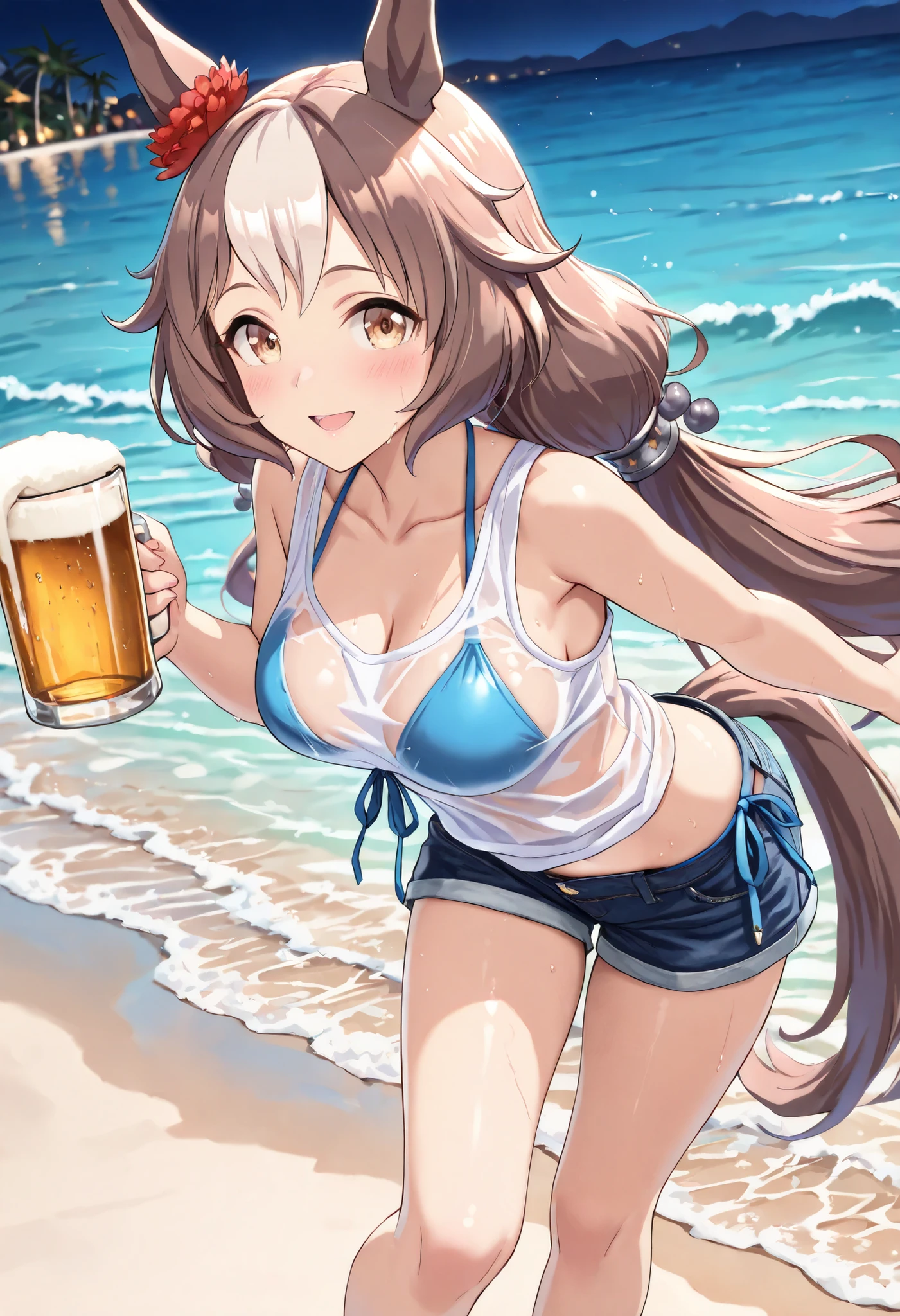 ((masterpiece)),(((Highest quality))),((Very detailed,Live Action,true peace,)),Dynamic Angle, One Girl,alone,Large Breasts,Light blue thin tube top,((sunglasses)),necklace,Earrings,((Perfect cleavage:1.8,Breast-pushing micro bikini)),Thigh Gap:1.4,((Holding a glass bottle of beer,Have a beer),Beachを歩く),Very small waist,Toned Abs,Very long legs,Very long silver hair,Less hair,Long, straight hair fluttering in the wind,Kiss the beer,Sandy Beach,The sun is dazzling,Big smile,Camel toe panties,blush:1.4,Tanned dark skinned gal,Beautiful underboobs,Beach ,cheers,fun,Vibrant,Active movement,Skinny body,Slender body,