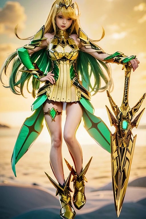 elfa cleriga real, fairy crest, Breast exposure, gold and silver armor with fairy icon and steel battle armor skirt, short design hand silver glove, gold color cover, Golden Belt, huge magic circle behind, pauldron em estilo de fada, silver color bracelet, ((left hand holding a silver staff)), golden and green multicolored hair, empress aura, bright green pupil, 16k best anime wallpaper quality, Master Pieces, standing alone, extreme pupil detail, fantasy mythical art, film lighting, Original character, heavy make-up, Holy shiny and windy effect, figure body shape, church background, stand still, League of Legend art style