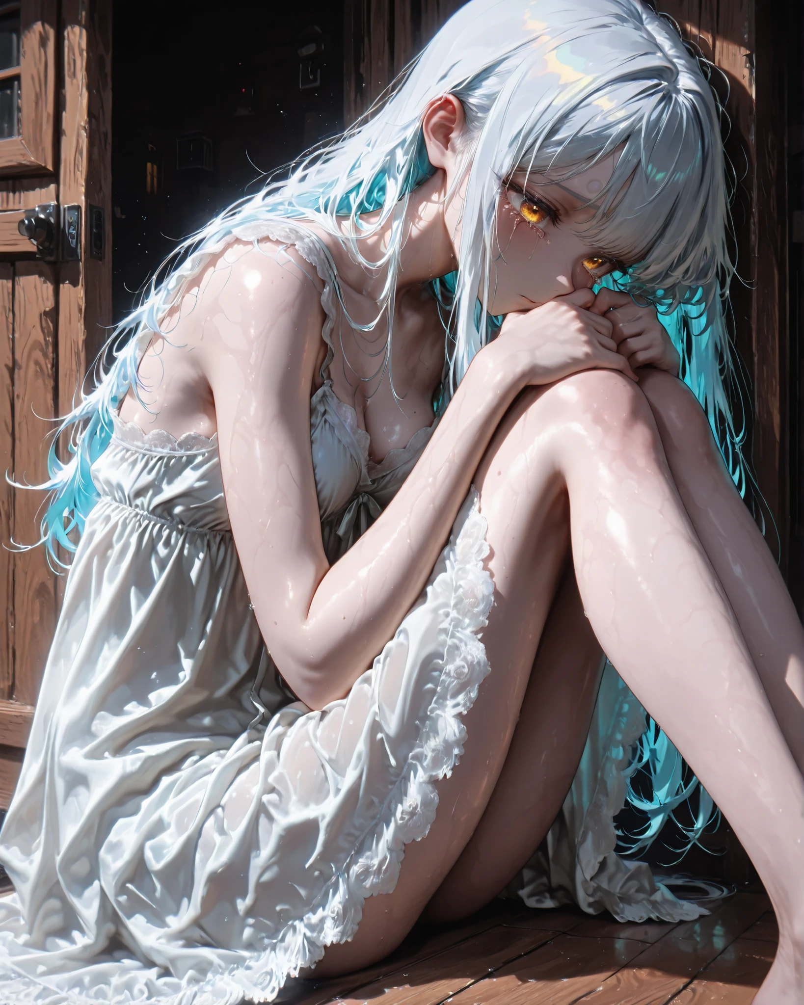 ((Masterpiece)), (Anime:1.3), ((best quality)), (RAW photo: 1.2), (High Definition:1.3), (Professional Photography:1.2), (cinematic lighting:1.5),a beautiful woman, Textured skin, BREAK, ((best quality)), ((big lips)), beautiful blue eyes, (Beautiful daiamond eyes:1.5), Pale blonde hair, unruly hair, long hair, ((grinning)), BREAK, ((dirty and very torn white transparent camisole)), Slender body, sweaty, (kawaii posing:1.4), Slum townscape,