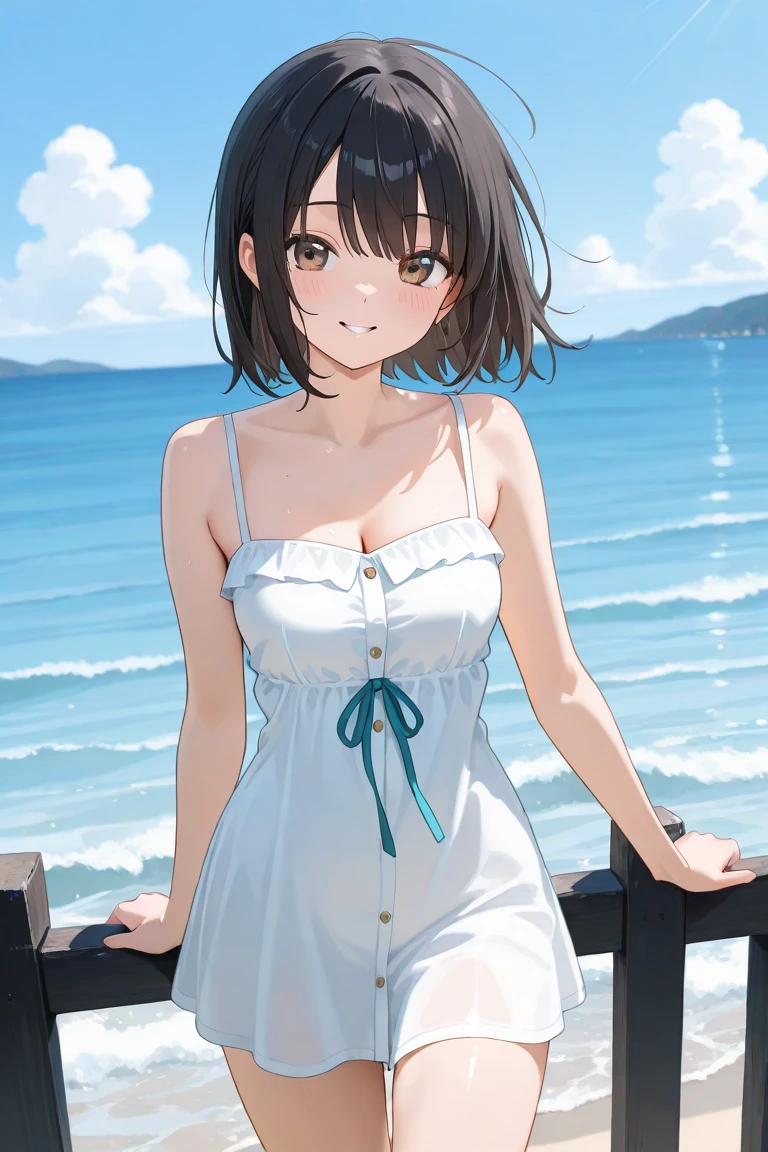 (Best quality, dynamic lighting, highly detailed, HDR) Brown haired young woman, mature, beautiful, bob hair, brown eyes, slim, medium-small breasts, perky nipples, white floral summer dress, summer hat, bare shoulder, cleavage, sleeveless, smiling, head shot, beach background, gravure magazine cover.