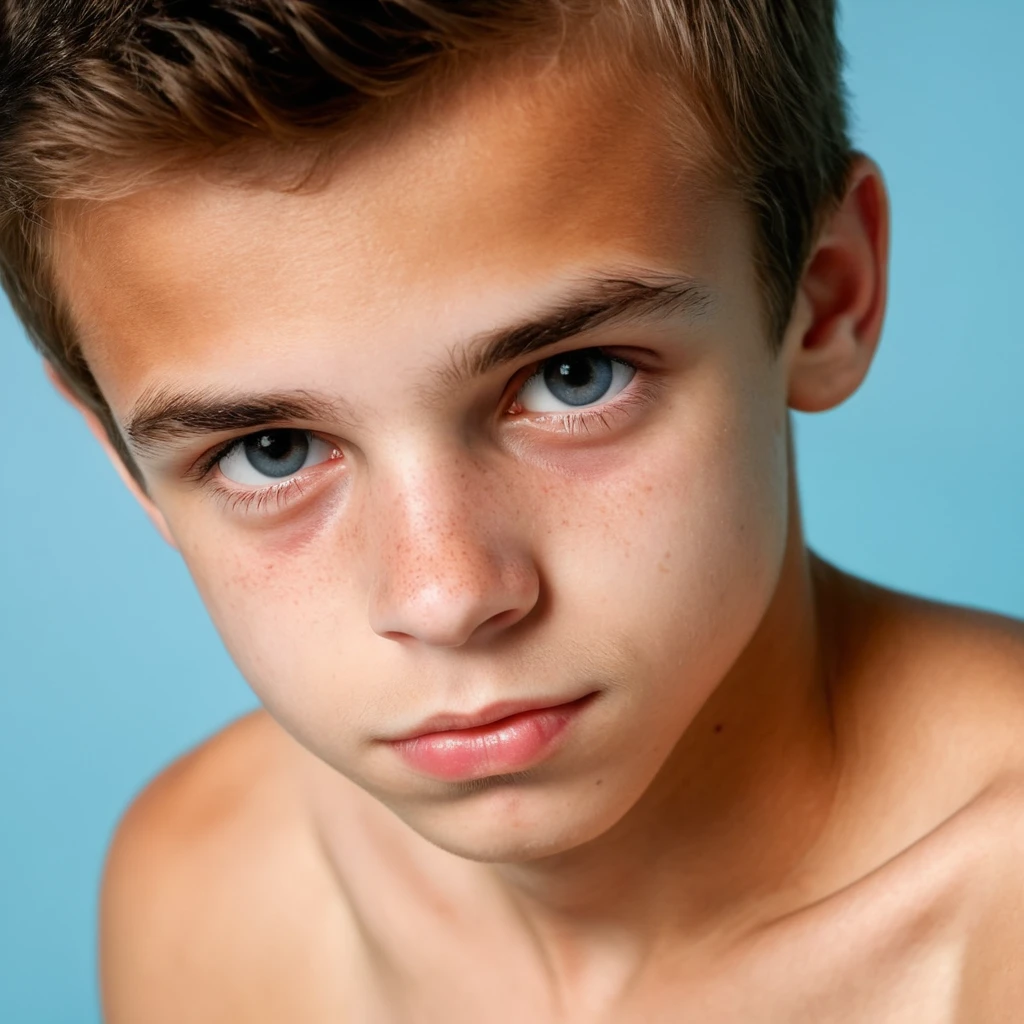 a beautiful boy, 14 years, very fine European features, Brown hair, blue eyes, sad look, peaceful look, naked,.strong chest, big nipples, pointy nipples, very masculine.