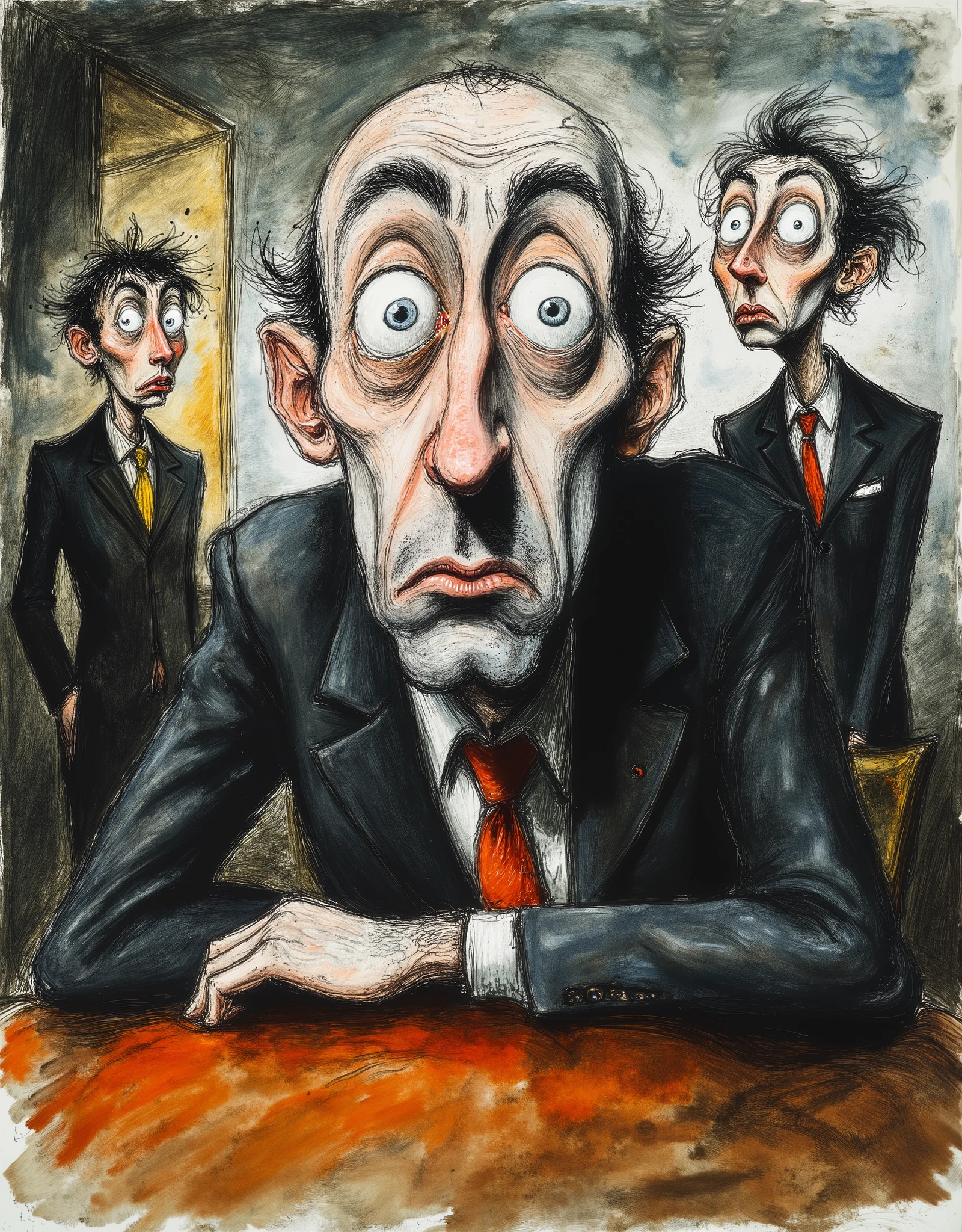 Funny cartoon, a completely bald man falling asleep in the middle of a meeting, slouched in his chair, mouth slightly open with a little drool running down, exaggerated facial features, tired eyes barely open, slightly wrinkled suit, colleagues in the background looking surprised or amused, dynamic and expressive cartoon style, bright and fun colors, funny and exaggerated proportions, high level of detail