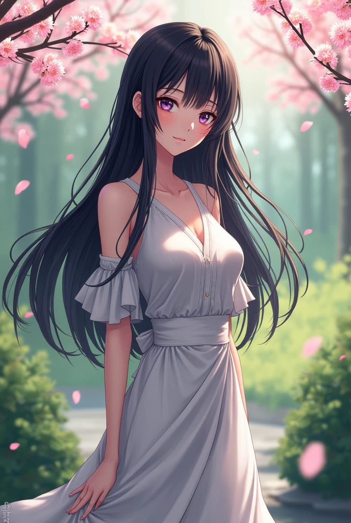 1 lady, Beautiful asian lady, Long straight hair, beautiful face, detailed face, delicate eyes, detailed pupil, beautiful and delicate lips, white camisole long skirt, Simple and stylish, hand drawn animation, high detailed, outdoor, blush, shy, heart, in love, symmetrical clothes, best quality, masterpiece, retina