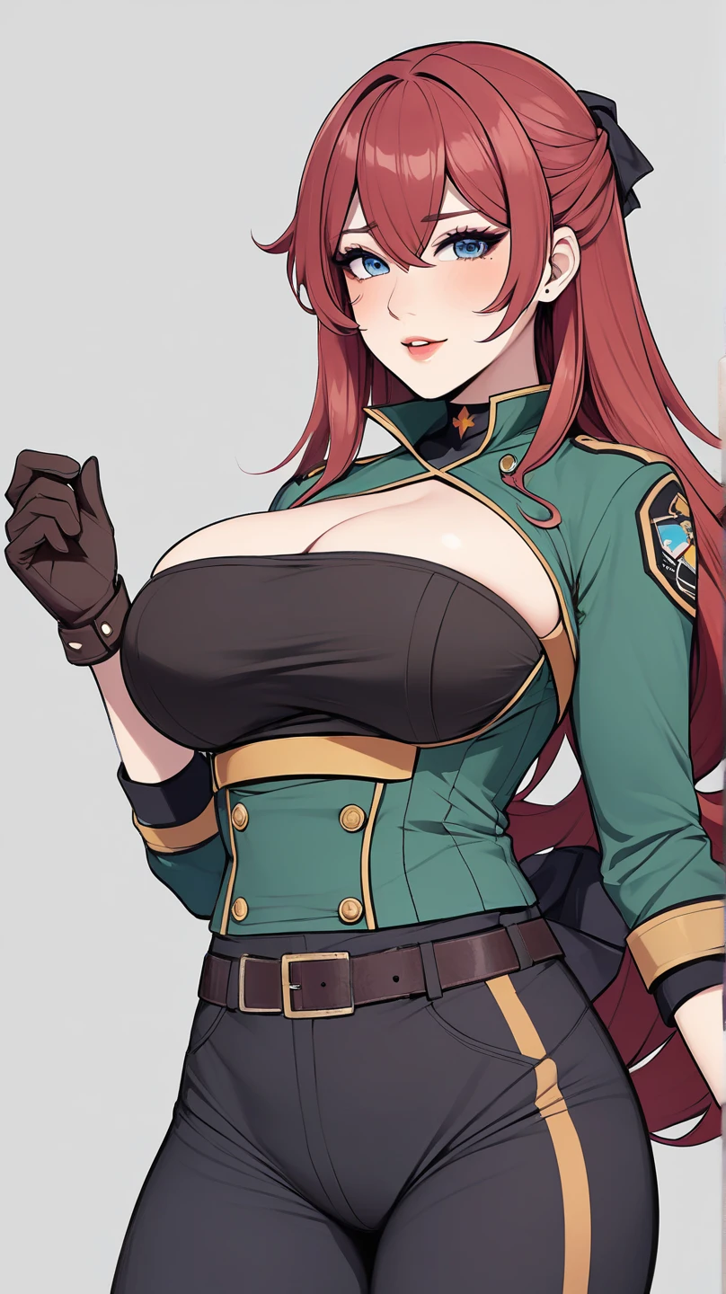 A Soviet military girl, tall, sexy, big breast, good, friendly, happy, long red hair, smooth, soft, blue eye, pink lip, she wears a metallic green top, a black patch on her chest, a yellow ribbon on her waist, and her pants, a big metallic green thigh, a sensual big yellow boot, wearing a black Soviet winter cap.