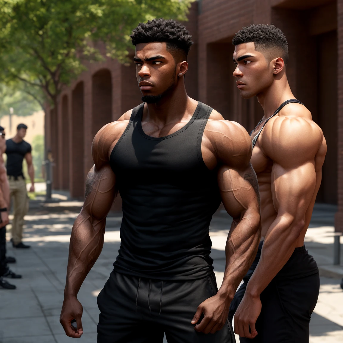 Two boys, interracial, athletes, fitness, calisthenics, passing competition oil on each other, wearing sweatshirt shorts, slim defined, shirtless, little muscle, teenager, 1 5 yo, thin, natural lighting, dark lighting, grainy, filmg4, Faces different from standard, shorts without shoelaces --auto --s2