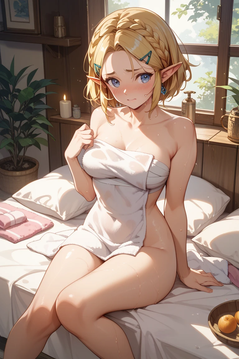 beautiful, (masterpiece), Highest quality, (extremely detailed face), extremely detailed eyes, Perfect lighting, Overall detailed, detailed, Deep Skin,Perfect hands,Perfect legs,Sweat all over,Textured skin,Little,Elf gold micro bikini , Long Hair, Green Eyes, Embarrassed face,On the bed ,Sit with your legs apart,
