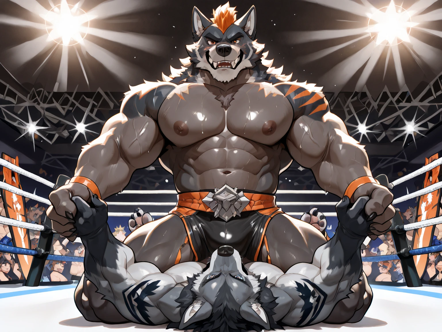 Duo male fighters(Brown Dog vs Brown Dog, handsomes, perfect eyes, Thick eyebrows), beso gay(kneeling around his neck from behind, Trying to escape with a hurt expression, in a UFC match), hot(Full body, shirtless), handsomes(They are handsomes, correct anatomy), musculosos(Big muscle bodies, Six packs, muscle abs, big pecs, muscle legs, muscle backs), sweaty(very sweaty wet bodies), tatuajes(they have tattoos), Angry(They have an angry expression), UFC gloves(They both are wearing UFC gloves), Boxers(They are wearing Black boxers, big bulges), Hight resolution, Black background
