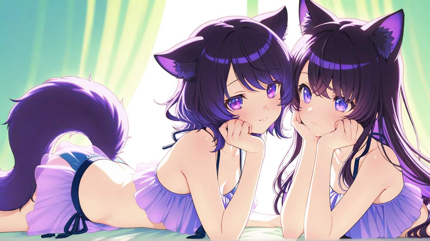 cute anime girl in black sweatshirt with short purple hair with big purple bunny ears with purple eyes
