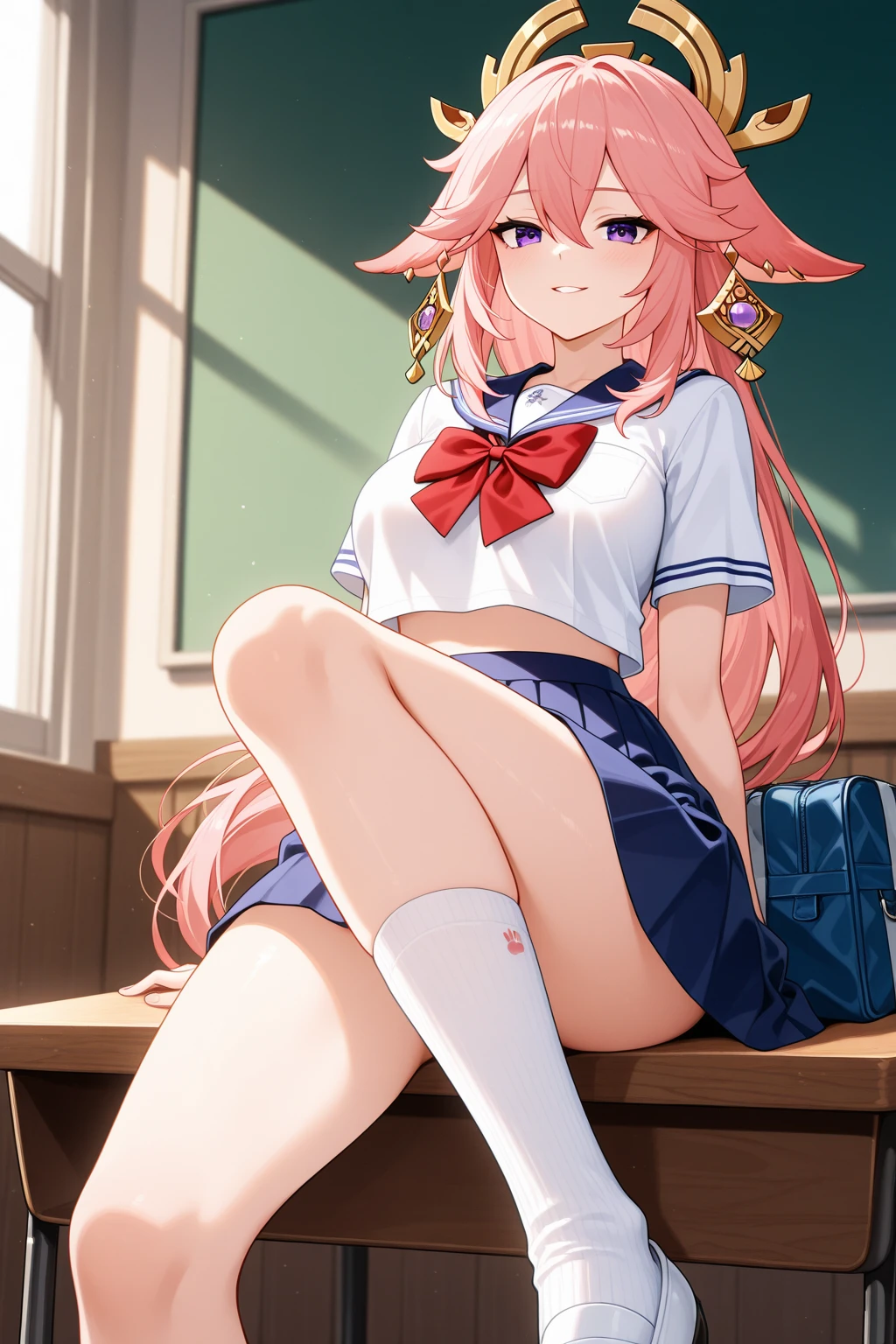 32k, best quality, ultra high res, HDR, UHD, extremely detailed CG unity 32k wallpaper, (cute gal), classroom background, peer in from below, ultra quality hair, pink hair, navy sailor suits, beige cardigan, ultra quality eyes, purple eyes, smile, side ponytail, showing panties, sit on a chair with your legs spread,