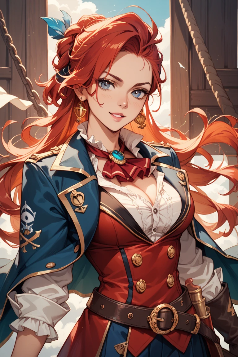 (masterpiece, best quality:1.2), intricate details, <lyco:GoodHands-beta2:1>, <lora:captain_fortune-000010:1>, captain fortune, 1girl, cleavage cutout, pirate hat, braid, puffy sleeves, elbow gloves, cleavage