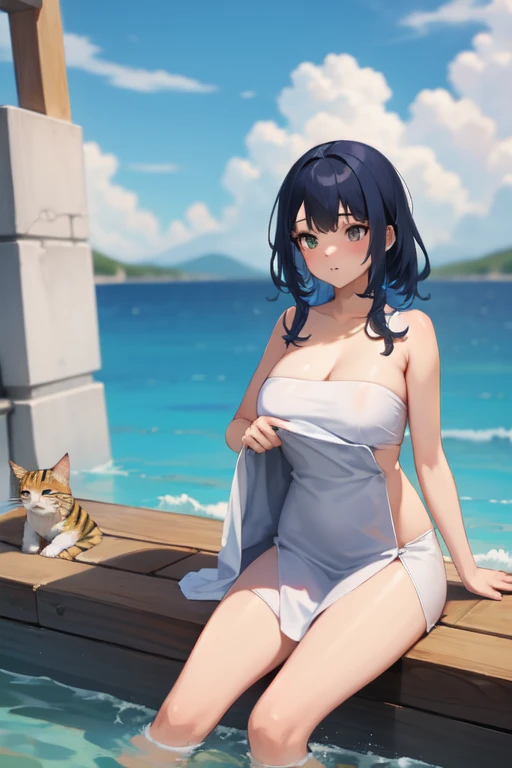 1girl, bangs, blue hair, multicolored hair, necklace, parted lips, purple eyes, short hair, smile, solo, two piece purple swimsuit, sandy pier background, lying on the sand