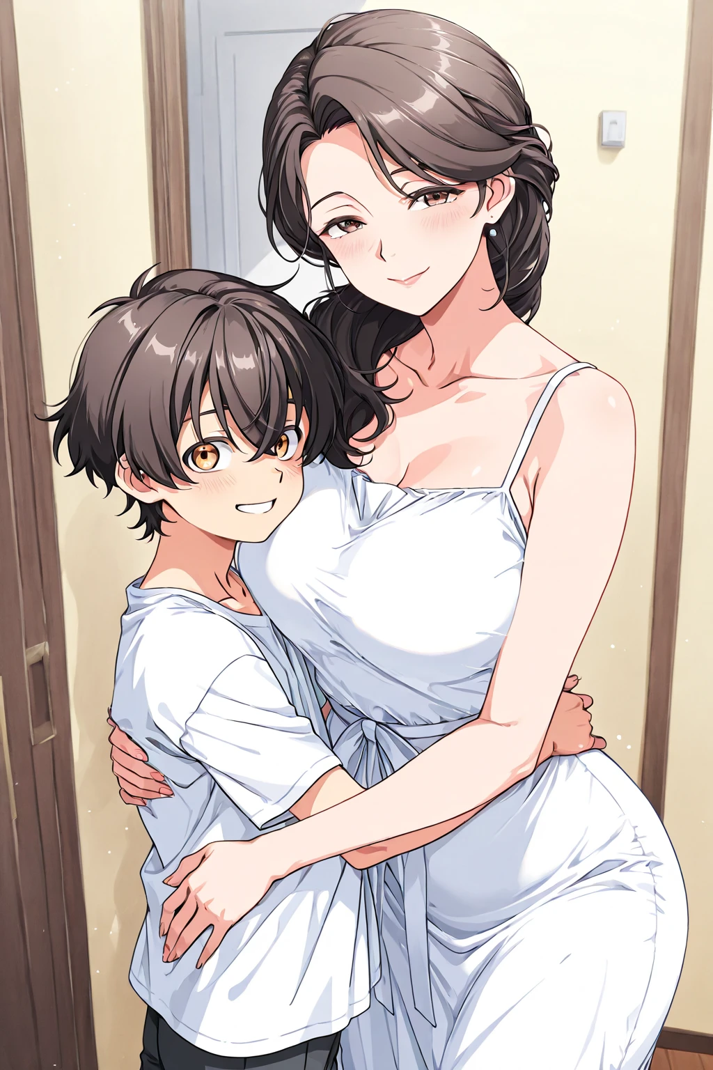 Erotic、Bedroom、Two naked people、Auntie and little boy　My aunt has big boobs　Sweat、Embarrassed expression、smile、No clothes　straightshota 　Breastfeeding a young boy　Young man licking boobs　Auntie looks at a little boy　Auntie and her son