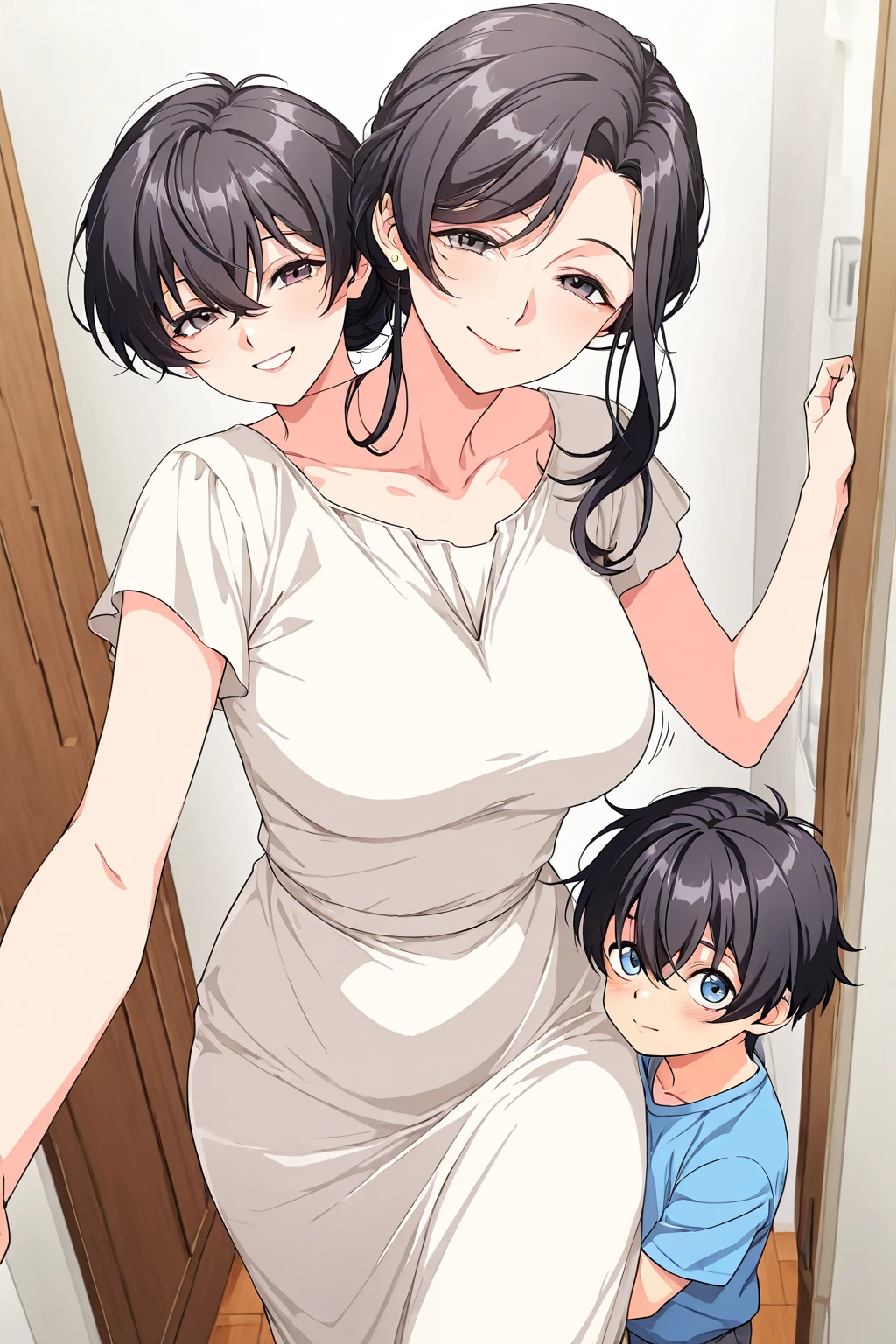 Grandma and her two grandchildren、outside、hot summer、Sexy pose、See-through