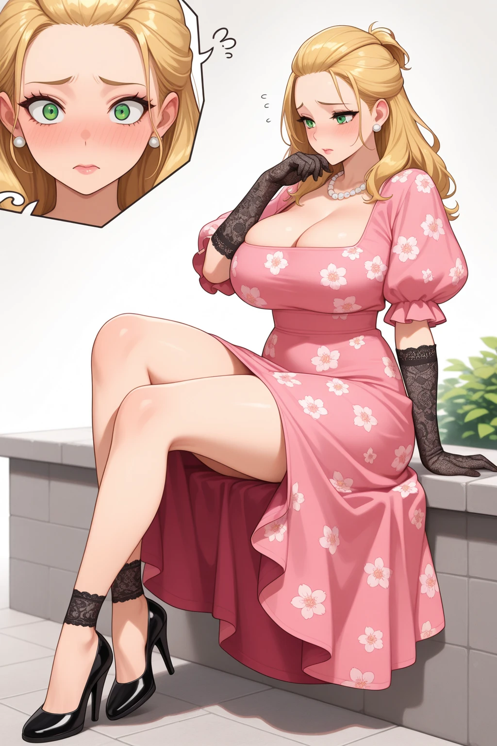 the main door of the big mansion opens and an mother stands who is insanely and extremely sexy cute pretty voluptuous beautiful pretty curvy busty hot sexy mother with extremely shiny glass snow-fair white shiny smooth lush plump glass glowing skin and perfect round cleavage jiggles slightly and her tight perfect hourglass figure, her wide soft hips, and her skinny lush soft plump arms and her thick sexy fair lush legs and thighs, her big soft plump perfect round thick ass are all on display with her bright white plumpy round cleavage and her pinkish shoulders exposed while she's wearing a sexy short legs revealing bright red cotton revealing hip cut dress with strings on the waist, back and her cleavage as her pink bra strap and her pink panties is slightly visible through the cuts with her yellow high heels along with her pink shawl hanging around her tight skinny waist and elbows with her shiny gold long blonde hair tangled in a floral hairstyle along with a red ribbon and small stars and a small jewelry hanging on her hair bun with a with a golden jewellery on her smooth lush fair clean tender neck and gold bangles on her wrist and gold anklets with small bells on her two feet and gold earrings on her lush fair white pinkish ears with her extremely insanely god tier cute irresistible smile kind gentle look on her extremely cute pretty face with her big shiny brown eyes and her shiny black eye lashes and her two pink blushes and her pink puffy lips on her face and her pink shiny nails, looking at the man with a extremely cute kind gentle smile expression. The woman has no wrinkles, no tattoos, no signs of anything that's not unattractive but just raw god's given absolute irresistible otherwordly god-tier beauty possessing the most irresistible charm and beauty in all of mankind's history and future as she's the peak and epitome of a woman's elegance and feminity and her insane, impossible, and unimaginable levels of beauty the woman has, the woman stands
