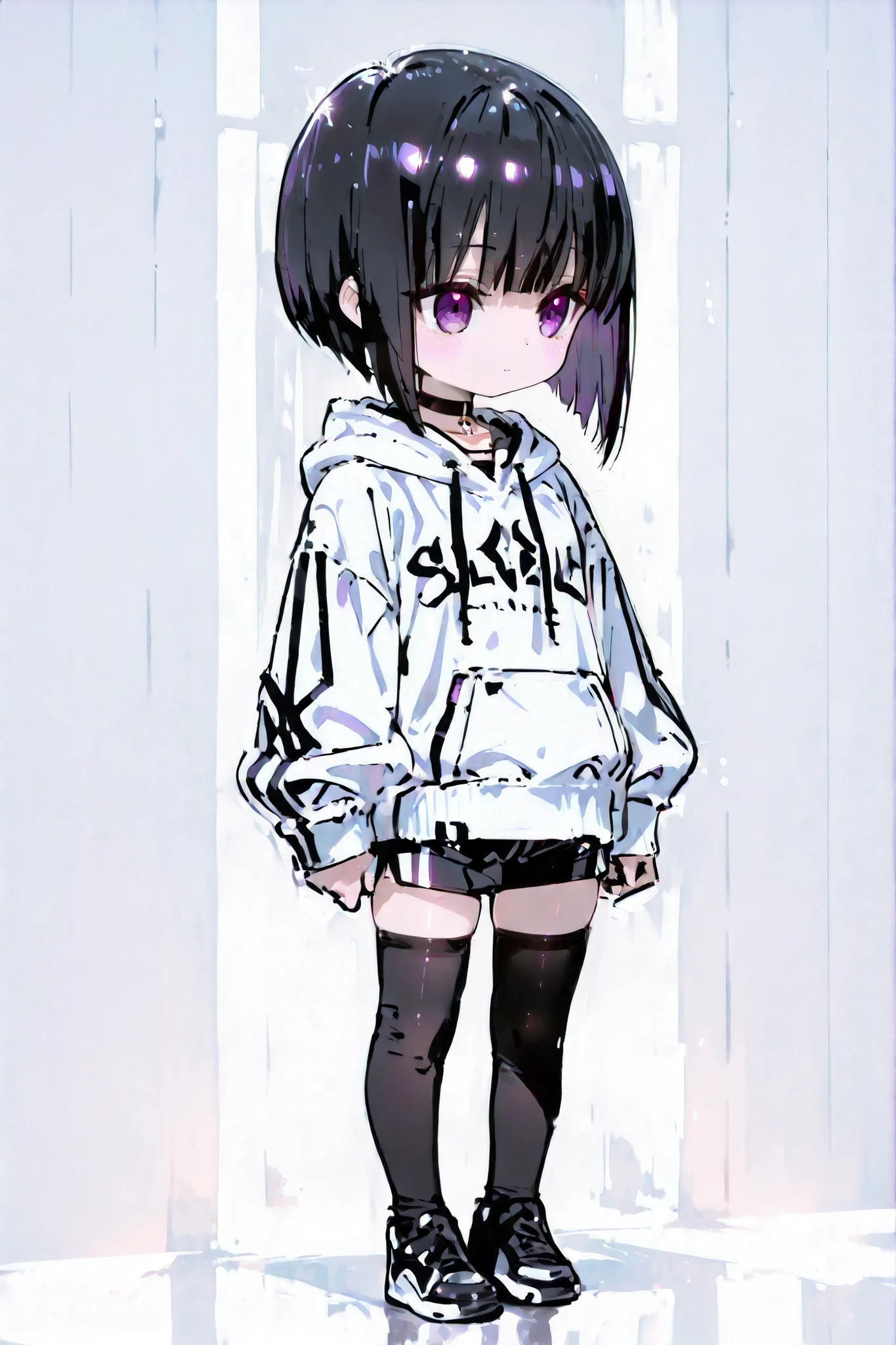 12-year-old cute anime-style girl, large purple eyes, sleek and evenly trimmed black bob haircut with straight full bangs, short hair, wearing a white hoodie and black shorts, simple black choker, black knee-high socks, simple background, anime style, high resolution, soft lighting, full body, standing, deformed