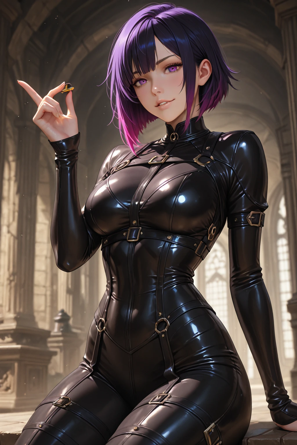 (Colorful magazine cover:1.2)、((From below:1.2))、、、(Dynamic pose:1.1), One cute girl, Highest quality、超High resolution、High resolution、Highly detailed CG、8K Unit Wallpaper、17 years old、Beautiful attention to detail、Colorful hair color、 Blackware, Black legwear, black elbow gloves、Black mini skirt)))、(Wet body:1.4)、(Shiny body,:1.6)、 Standing on the rubble, (Wicked Smile:1.1), ,,Dark shadowed face,Sadistic smile,Malice,Contempt,smile,latex,Bad face,,,two hands,two legs,five fingers,black background,elbow gloves,latex,Standing on the rubble,
