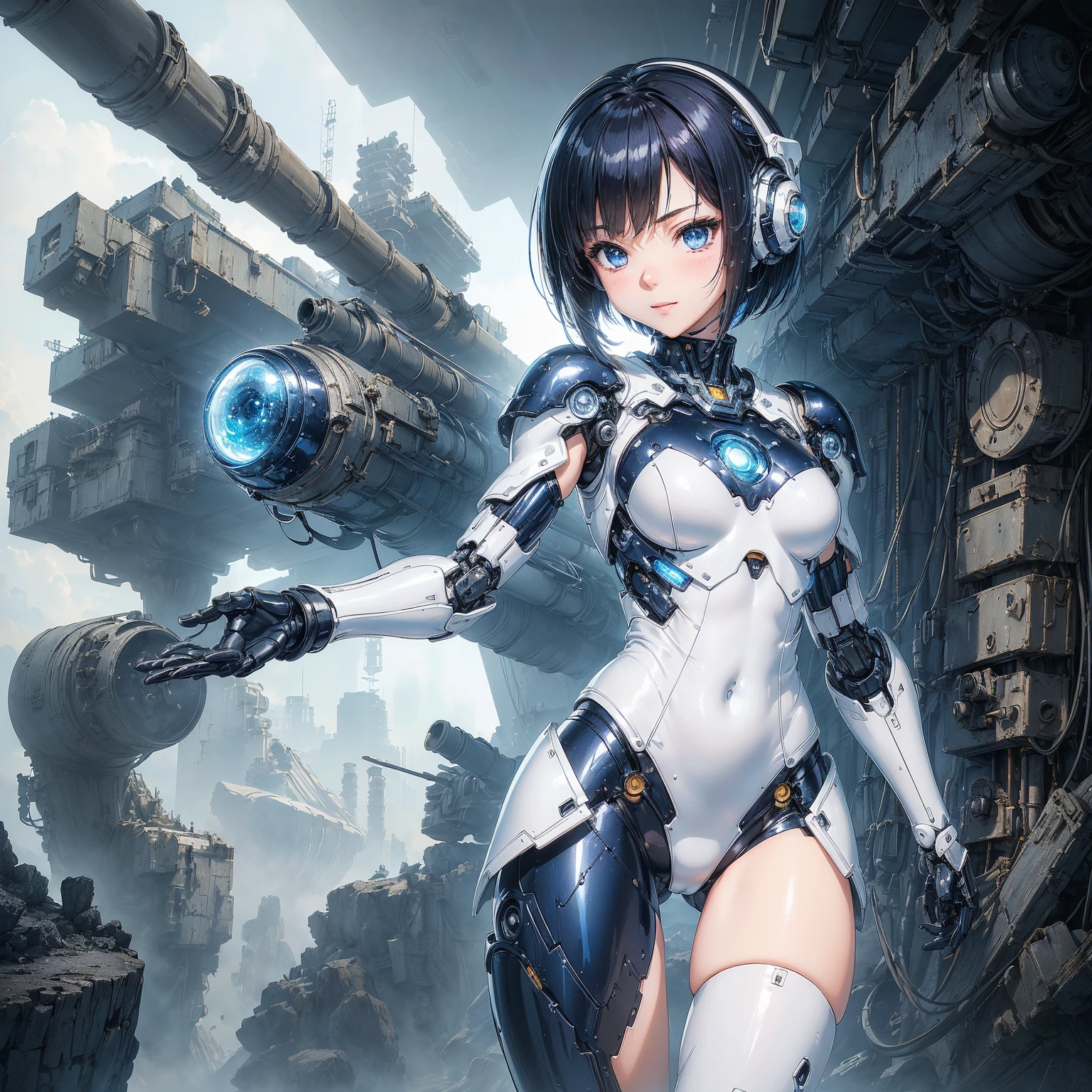 (masterpiece、highest quality、Highest Resolution、Clear_image、Detailed details、Angle from above): (Whole body、One 20 year old girl、Japanese Faces、Small Face、Slender、Navy blue super short bob cut hair、(Hidden small breasts:1.3)、Sparkling blue eyes、Shiny pilot suit in blue and black colors、Chest protection armor、Tight fitting clothes、Clothing that covers the whole body、Glamorous clothes、Tight Fit Pants、Hide your skin、Very delicate and beautiful、Detailed Skin、hide thighs、Hide your ass、Cute、A gentle smile、Soft expression、heroine、headset、Knee-high boots、Elbow-length gloves、Eye Level Shot、Face directly、Woman on a spaceship)