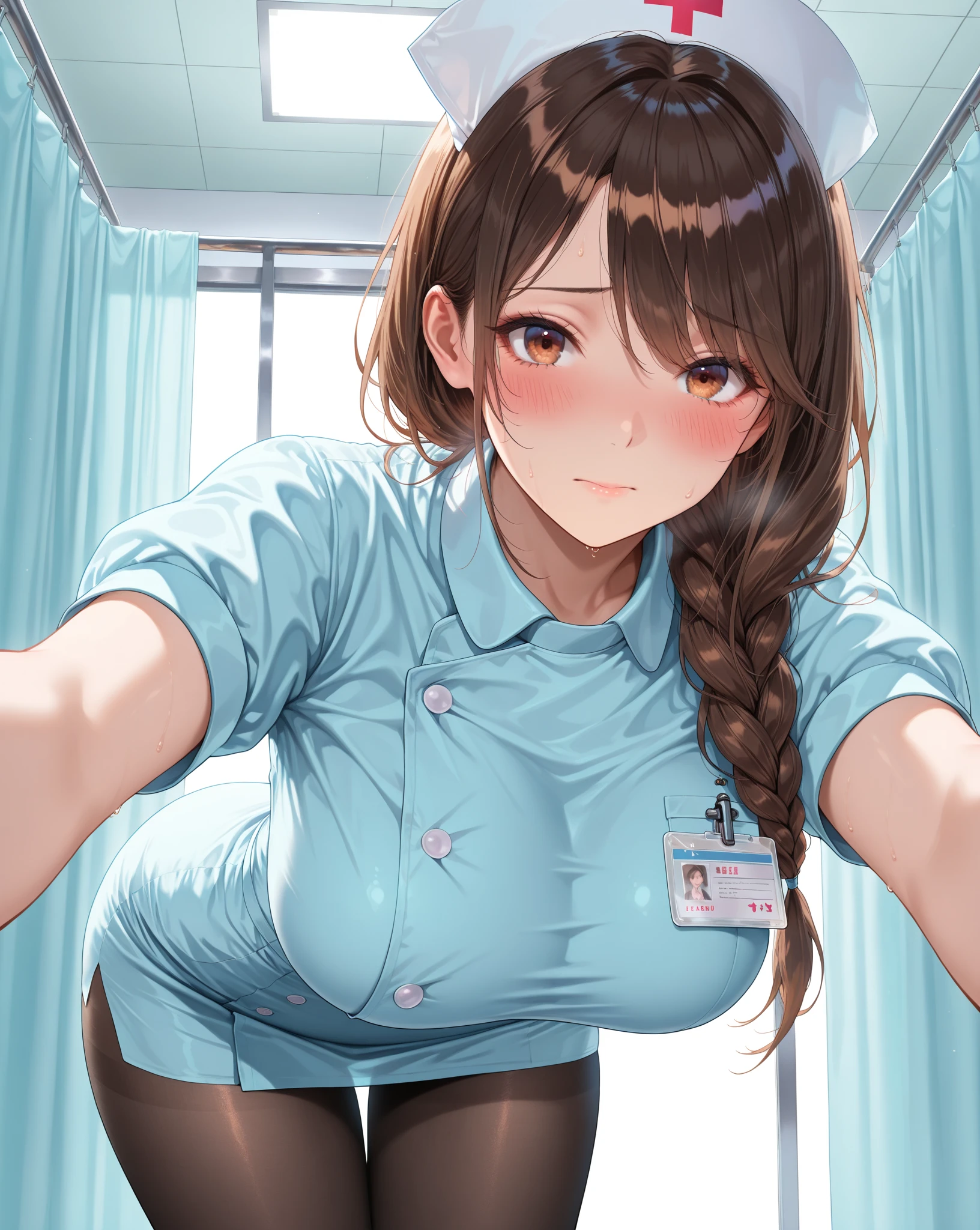 masterpiece, best quality, highly detailed, ultra high res, ayase arisa, 1girl, solo, hair ornament, brown hair in a braid, glossy lips, large breasts, beautiful detailed eyes, bangs, nurse, nurse cap, white nurse dress, white thigh highs, ID card, nurse office, hospital infirmary, hospital bed, standing