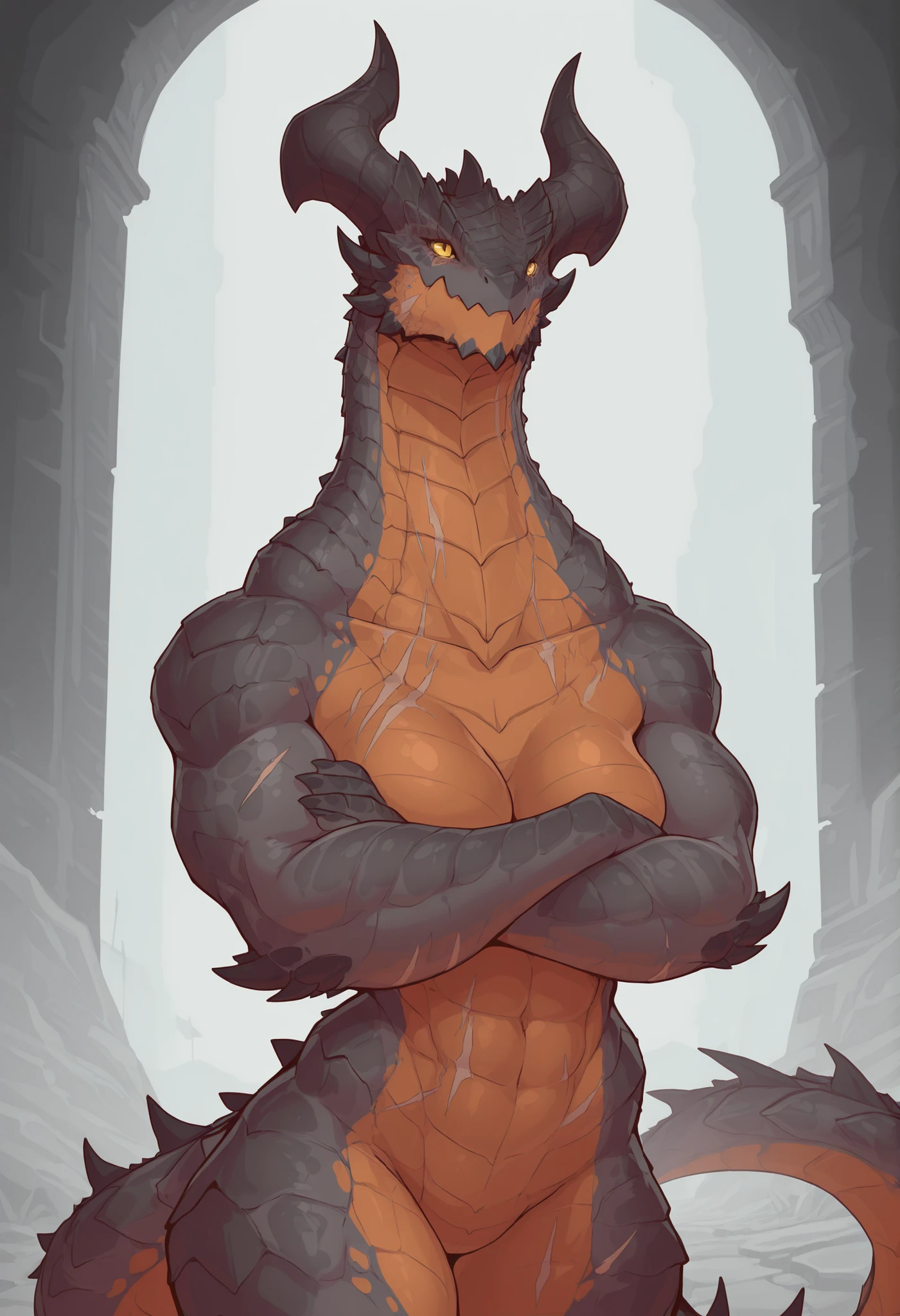 masterpiece, best quality, amazing quality, very aesthetic, fantasy setting, dnd, anthro dragon, absurdres, newest, scenery, extreme detail, 8k, detailed eyes, yellow eyes, by Riolutiny, female, scalie arms and neck, tall, dragon horns, extremely detailed scales, short spiky white hair, short hair, dark skin tone, dark scales, strong tail, wide chest, strong, scalie torso, wide chest, detailed muscles, strong muscular arms, six pack abs, ripped body, scars on body, curvaceous, muscular hips, proporcional toned body, medium breasts, calm pose, athletic, crossed hands, tomboy, BREAK background is simple and muted, with a gradient effect and soft, neutral tones.