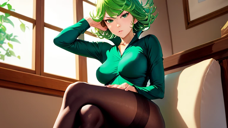 1girl, short green hair, green eyes, ((white blouse, panties, fishnets thighhighs, sitting, crossed legs, thighs focus, smug, in a house)), curvy figure, overlooking city, blush, day 

BREAK 

(((Masterpiece))), ((Highly detailed character)), ((perfect eyes)), ((perfect face)), ((best quality)), ((perfect hands)), high resolution, highly detailed image, thick thighs 

BREAK 

Beautiful background, volumetric lighting,