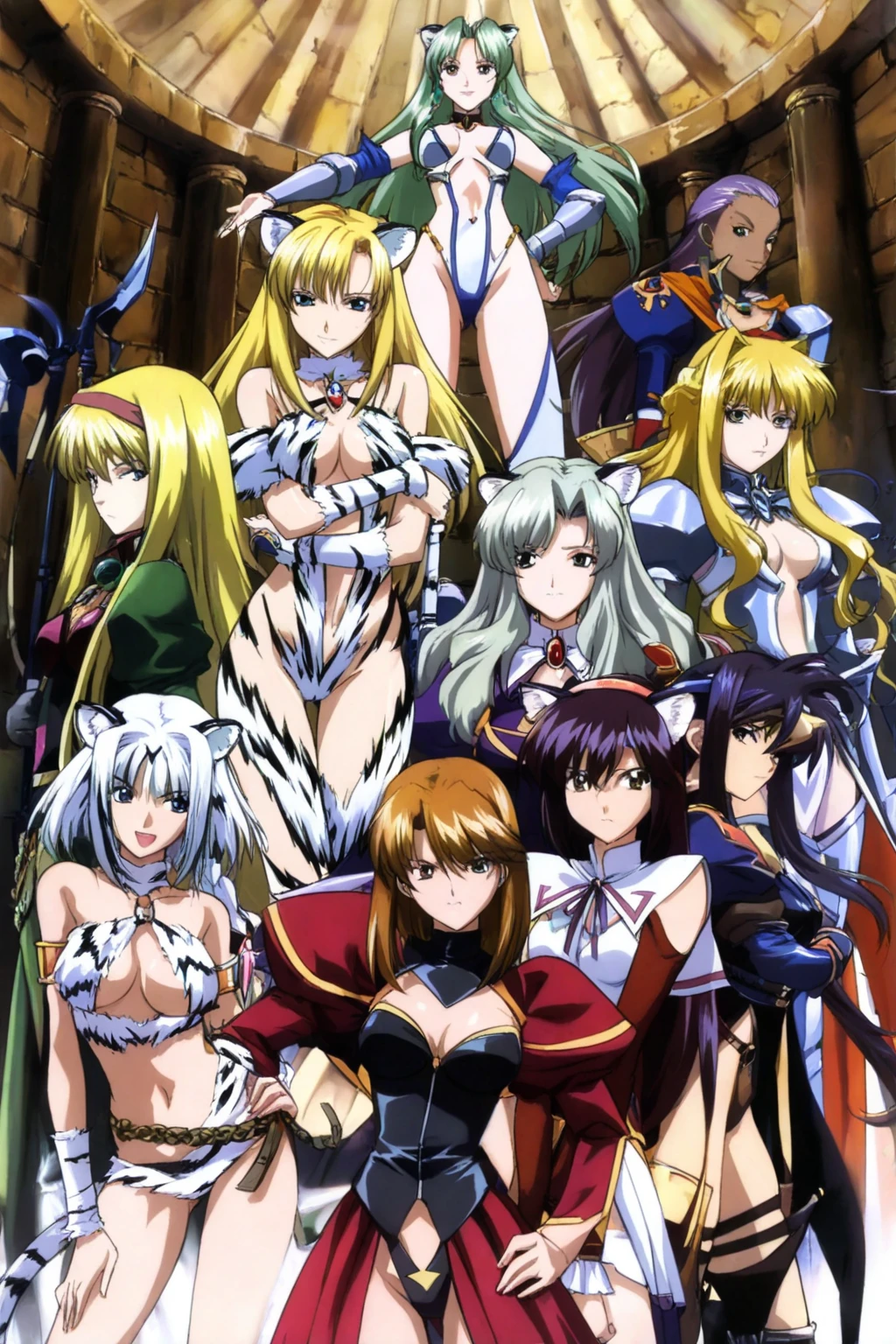 long_hair, smile, multiple_girls, blonde_hair, large_breasts, gloves, cleavage, very_long_hair, purple_eyes, yellow_eyes, ponytail, purple_hair, flower, white_hair, elbow_gloves, dark_skin, 3girls, armor, leotard, dark-skinned_female, sideboob, makeup, lipstick, shoulder_armor, pauldrons, center_opening, electricity, magic, bikini_armor