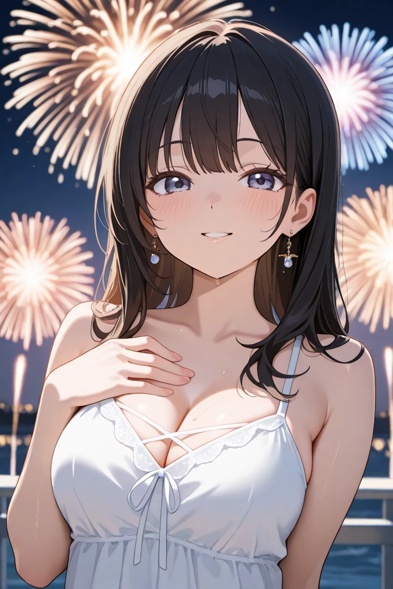 masterpiece, best quality, ultra detailed, highres, extremely detailed CG unity 8k wallpaper, perfect lighting, very detailed background, beautiful and aesthetic,sharp focus, perfect face, dynamic pose, dynamic angle,
1girl, upper body, (portrait:1.1), multicolored yukata, kanzashi, looking at viewer, full-face blush, from side, from below, smile,Open your mouth、Pink Lips、
night, dark sky, misty lake, mountainous horizon, break,aerial fireworks, (Full of sky fireworks:1.2),
、Shoulder Bare、(Off the shoulder)、(Holding a handheld firework:1.2)、(large breasts:1.8)、
(shinobu miyake:1.5, long hair, bangs, purple hair, (green eyes:1.5))、