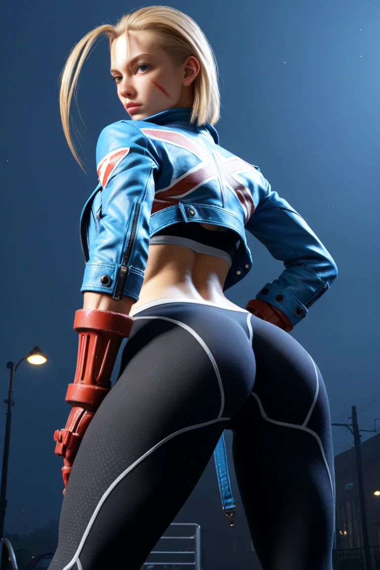 1 girl, Caucasian, ((detailed face)), Milf Cammy of street wrestler clothing ((jacket)), (blue jacket on top) [black sports t-shirt] and (black yoga pants), (circumflex blonde hairstyle, short hair), bottom a gym, (arms behind her back), (bend over), straddling her big ass for camera.