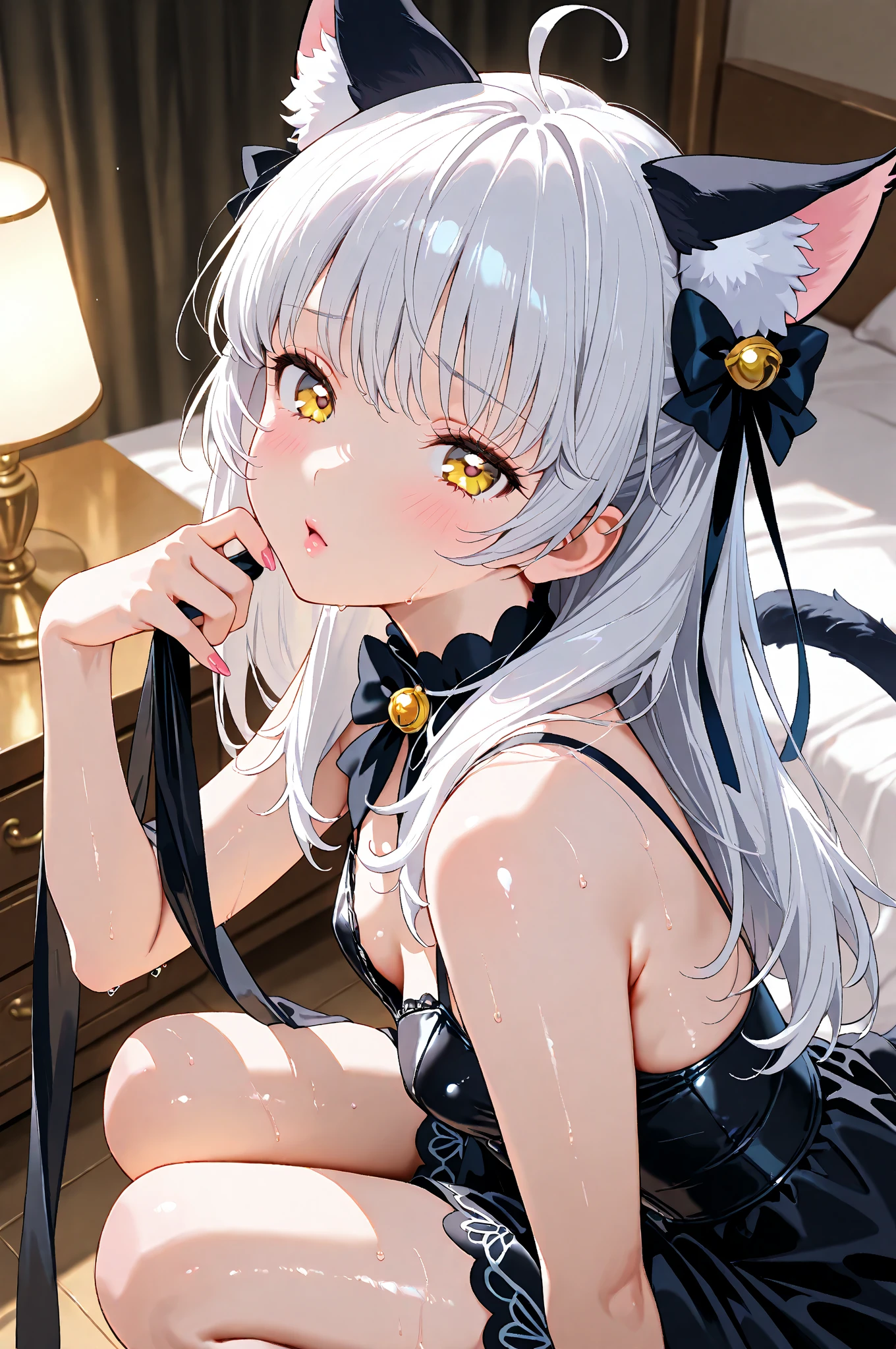 masterpiece, best quality, 1girl, animal ears, wolf girl, :3, cleavage, dress, from above, brown eyes, short hair, grey hair,