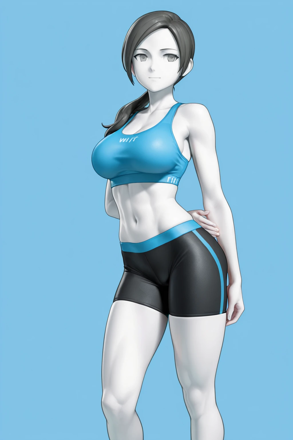 blue hair,blue eyes,short hair,jewelry hairband, short hair, bob cut,masterpiece, best quality, photorealistic, yujiasuit, yoga sports bra, yoga pants, 1girl, solo, , yoga ball, pants, looking at viewer, smile, green sports bra, simple background, , midriff,, breasts, green pants, sportswear, tank top, upper body,