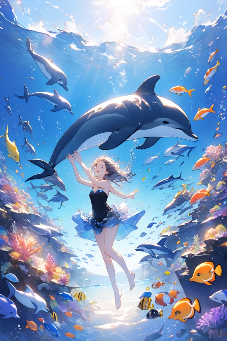 Painting of dolphins swimming in colorful ocean, Look up at the composition, Jellyfish and whales, Inspired by Cyril Rolando, A beautiful artwork illustration, author：Shitao, colorful concept art, Makoto Shinkai Cyrillo Rolando, In the style of Cyril Rolando, whale, Highly detailed watercolor 8K, highly detailed water colour 8 k，octane，the end，Realistic，8K，Estilo de Makoto Shinkai( reasonable design, 清晰的线条, High- sharpness,Best quality, Very detailed, Master parts, movie light effect, 4K )，A boy and a girl swim at the bottom of the sea，dream magical，The fish，