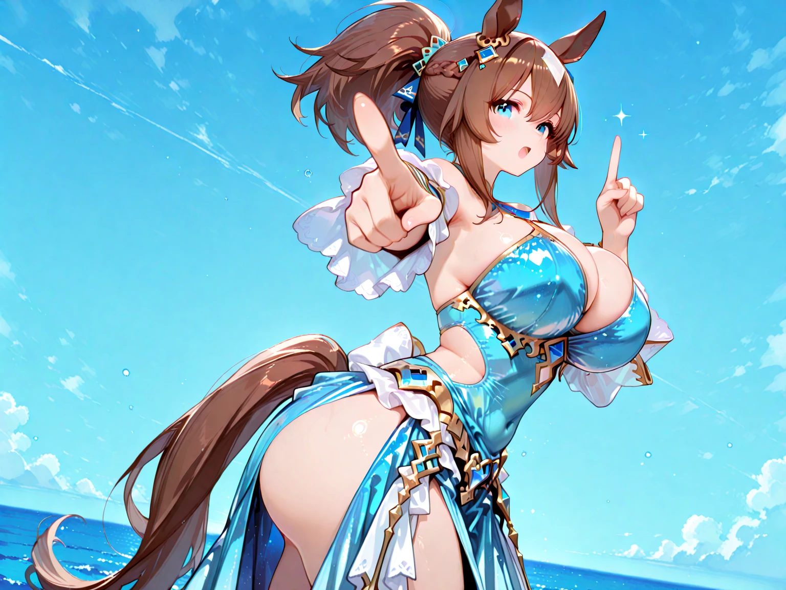 nsfw, horse ears, horse tail, blushing cheeks, shiny gold bikini, turning buttocks, aside