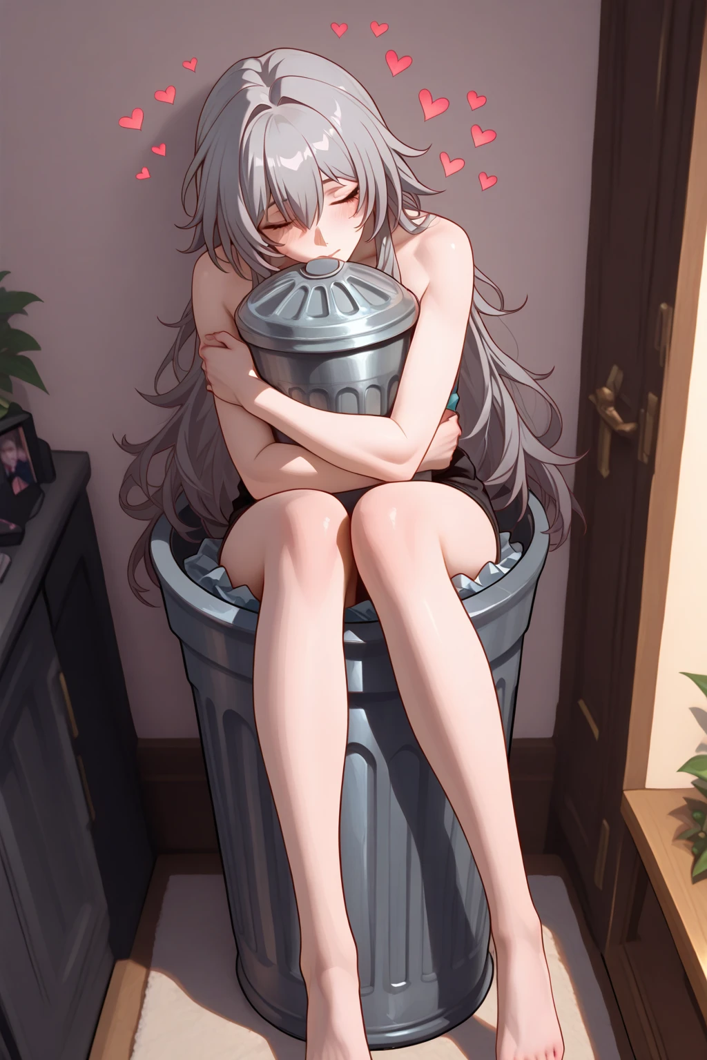 artwork, Attention to details, beautiful girl , big breasts, long white hair and red eyes, with uniform, blue skirt, serious face, bare legs, white panties, whole body, barefoot, trapped inside a transparent glass jar, waxed inside, inside the jar, whole body en el frasco, sentada inside the jar, barefoot, trapped in the jar. In the background more girls trapped in glass jars