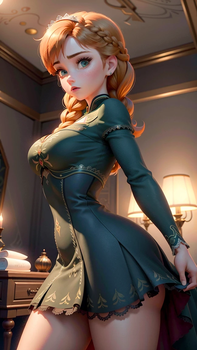 Photo of Anna of Arendelle, Anna from Disney Frozen movie, tall and sexy, perfect body, holding a big cock on hands, bottomless, bitting bottom lip,