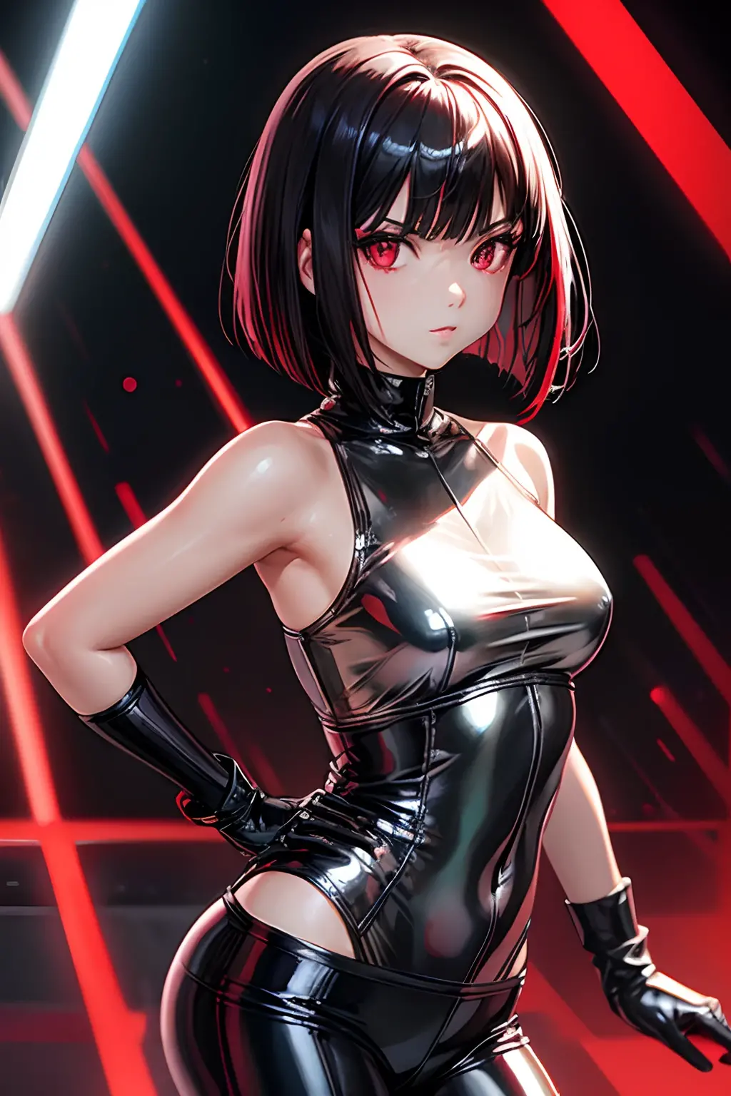 solo girl,Glossy metalic light silver tank top, tight latex shiny, Red interpolation color,Black hair bob,red eyes, camel toe, Samurai Sword,
Lift one leg, sexy lady, โชว์กางเกงใน girl,