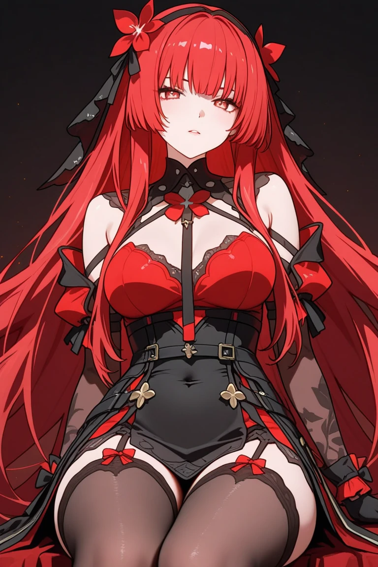 1girl, red hair, multicolored hair, red eyes, mask on head, side light, light particles, wallpaper, big breasts, pink stockings, Lolita shoes