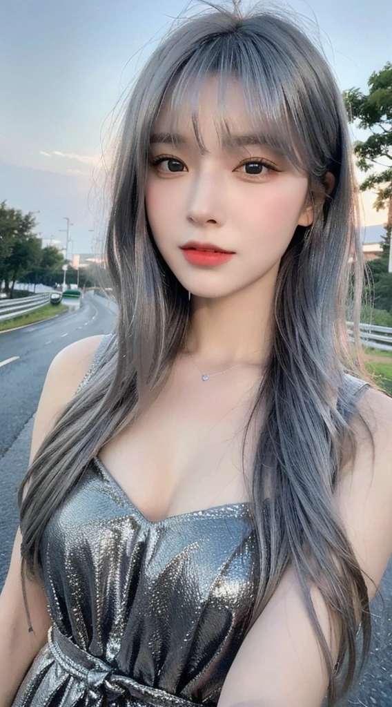 ((Realistic lighting, Best quality, 8K, Masterpiece: 1.3)), Clear focus: 1.2, 1girl, Perfect body beauty: 1.4, Slim abs: 1.1, ((Bright silver hair, Milk: 1.3)), cowgirl pose, (Outdoor, daytime: 1.1), City street, super fine face, fine eyes, double eyelids, curly hair, fair skin