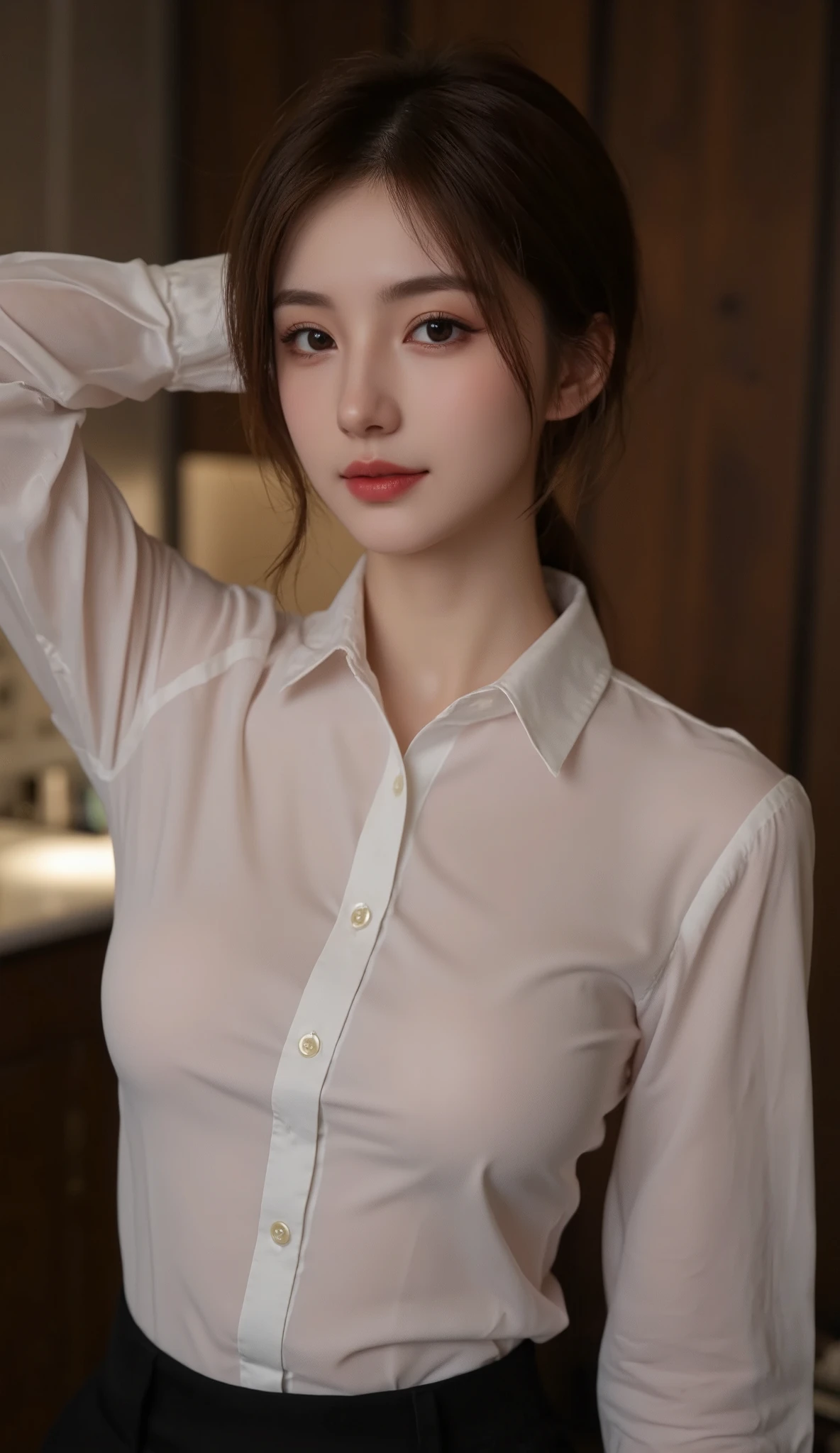Transparent ultra-thin panties，best quality、16K High Resolution、Very detailed、masterpiece、Live shooting、Practical:1.4、Surrealism:1.4、Clear focus、Very delicate and beautiful、nitty gritty、1 female、(European:1.2)、(Blonde)、(Spread your legs:1.3)、(no panties:1.3)、(National Foundation:1.1)、 (Sitting at the table)、(Super beautiful)、(Pretty Face:1.5)、(Ponytail, stocking)、(Delicate face)、(beautiful eyes)、Perfect round eyes、(Delicate lips)、Lipstick、(Eyeliner)、mascara、Eyeshadow、(Military Green Pencil Skirt,)、White shirt、Green set, tie、In NSFW