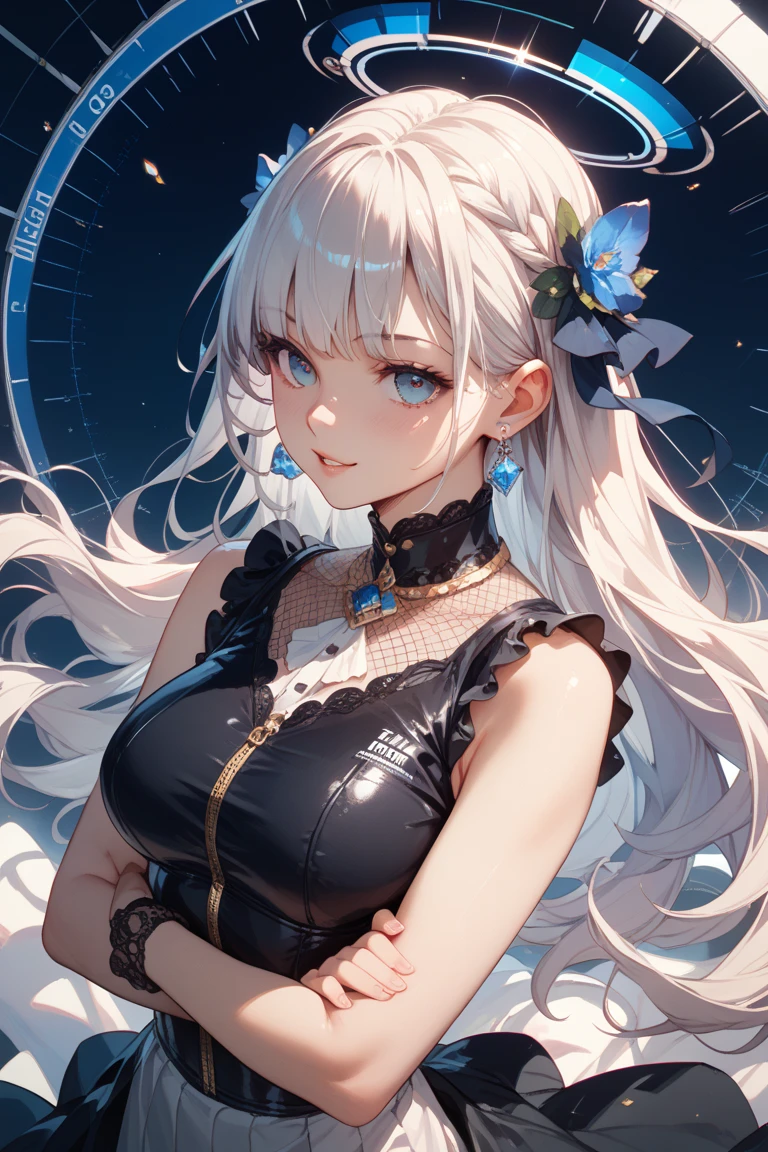 nsfw, 1 girl, (heterochromatic eyes, the right blue and the left red), long white hair, white cat ears, maid outfit, (topless, visible breasts, huge breasts, exposed breasts, visible nipples), serious expression, thong, looking at spectator, hands behind his back, room.